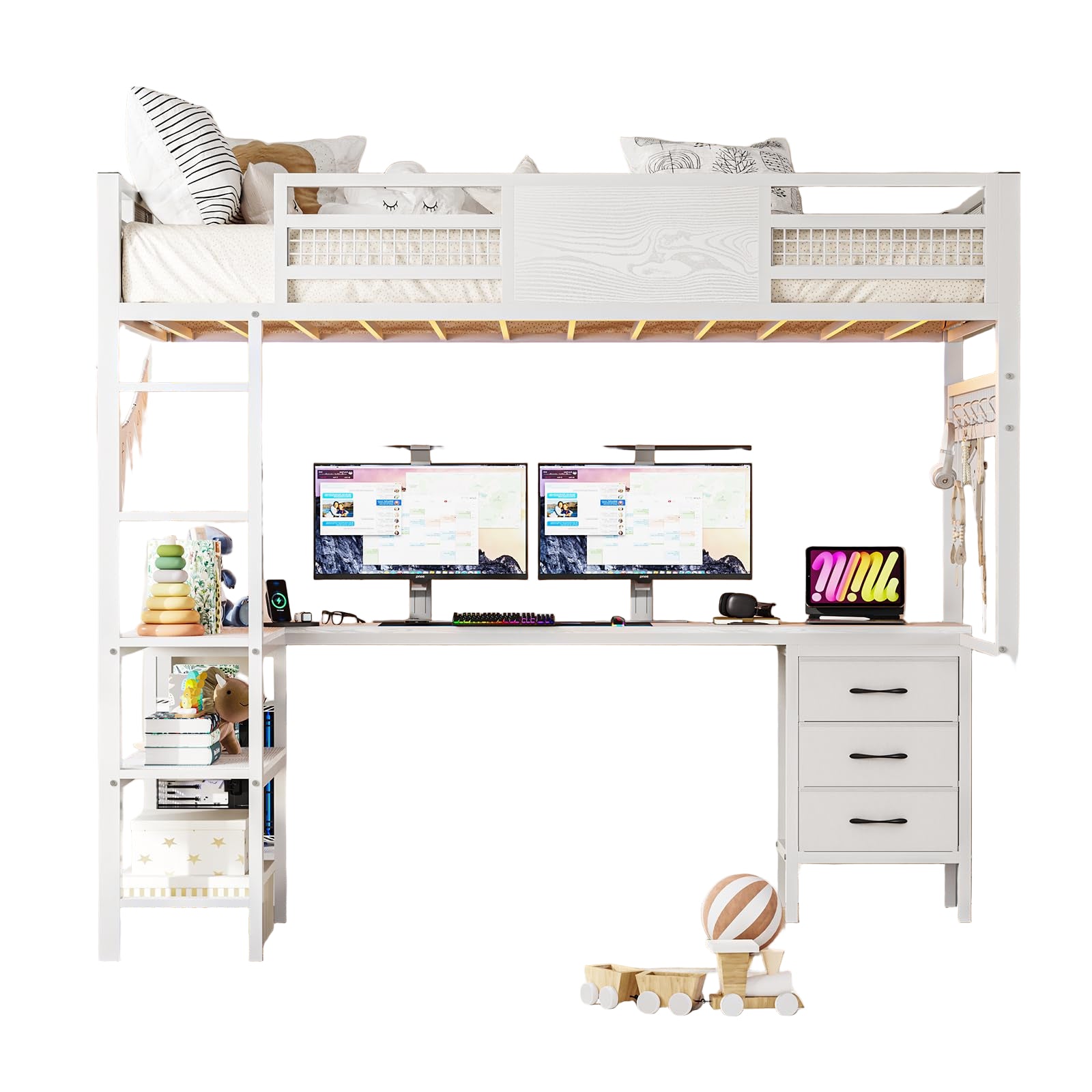Loft Bed Twin Size with L-Shaped Desk, 3 Storage Drawers, 2-Tier Storage Shelves