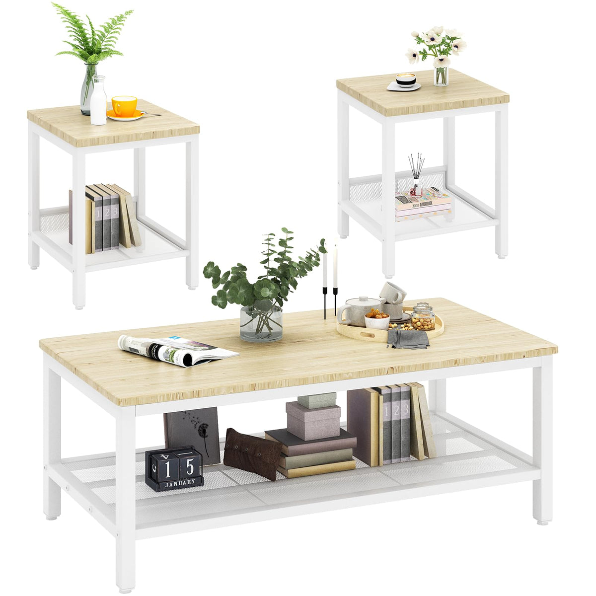 3-Piece Coffee Table & End Table Set | FSC Wood, Iron Frame, Mesh Shelf