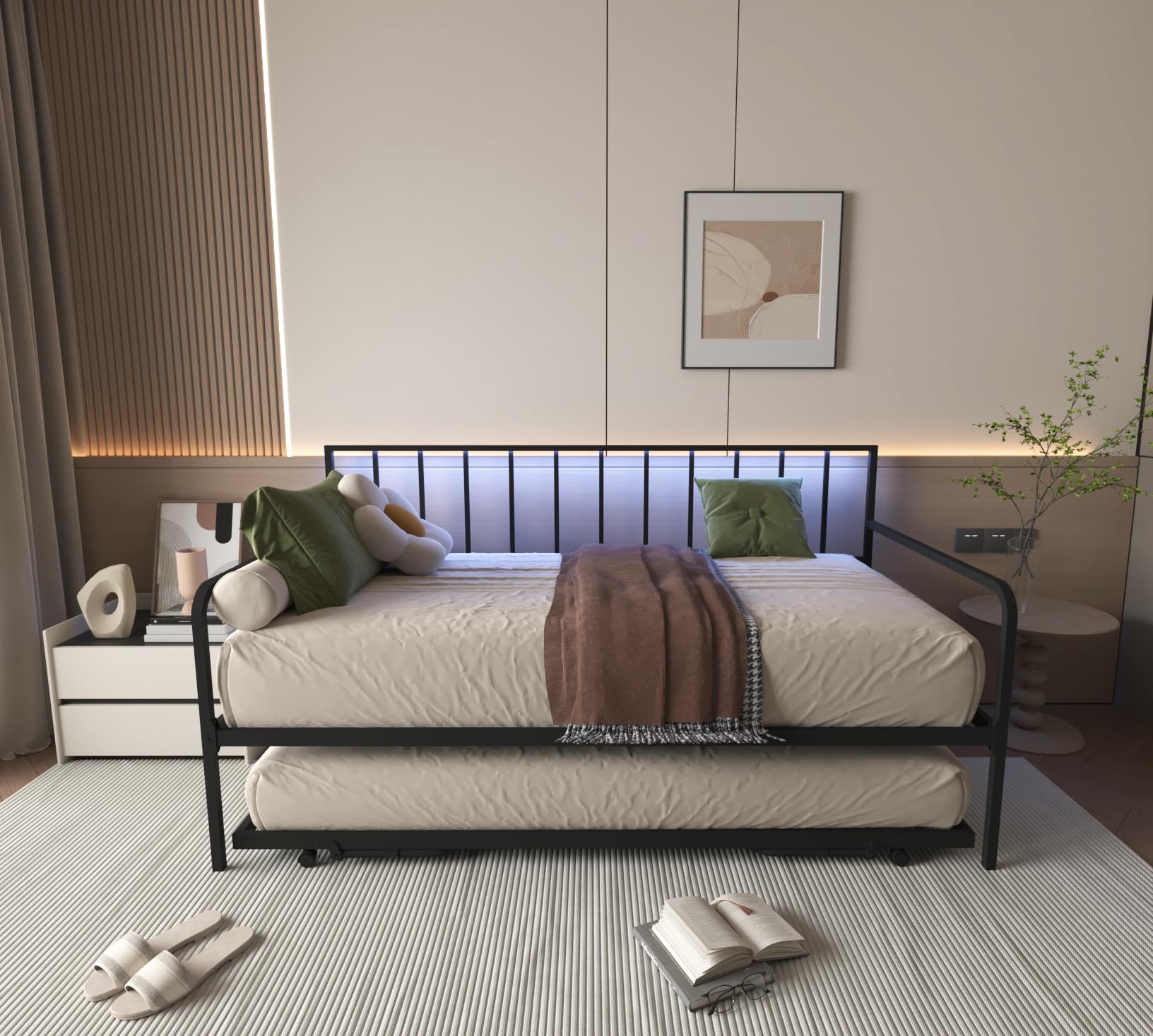 Daybed with RGB LED Lights & Charging Station, Height Adjustable Day Bed