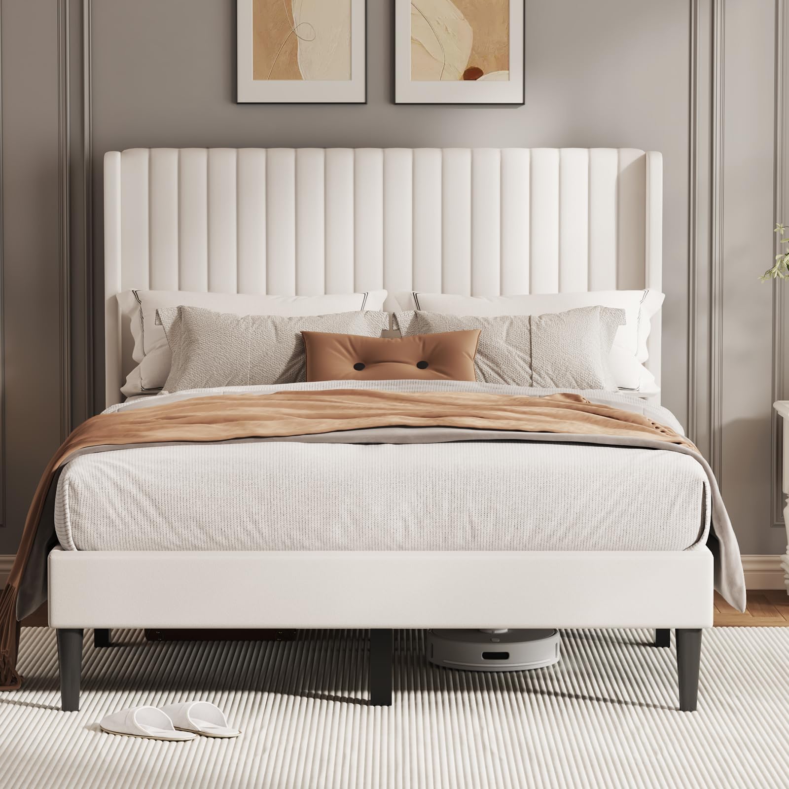 Queen Bed Frame with Upholstered Headboard, Velvet Bed Frame with Strong
