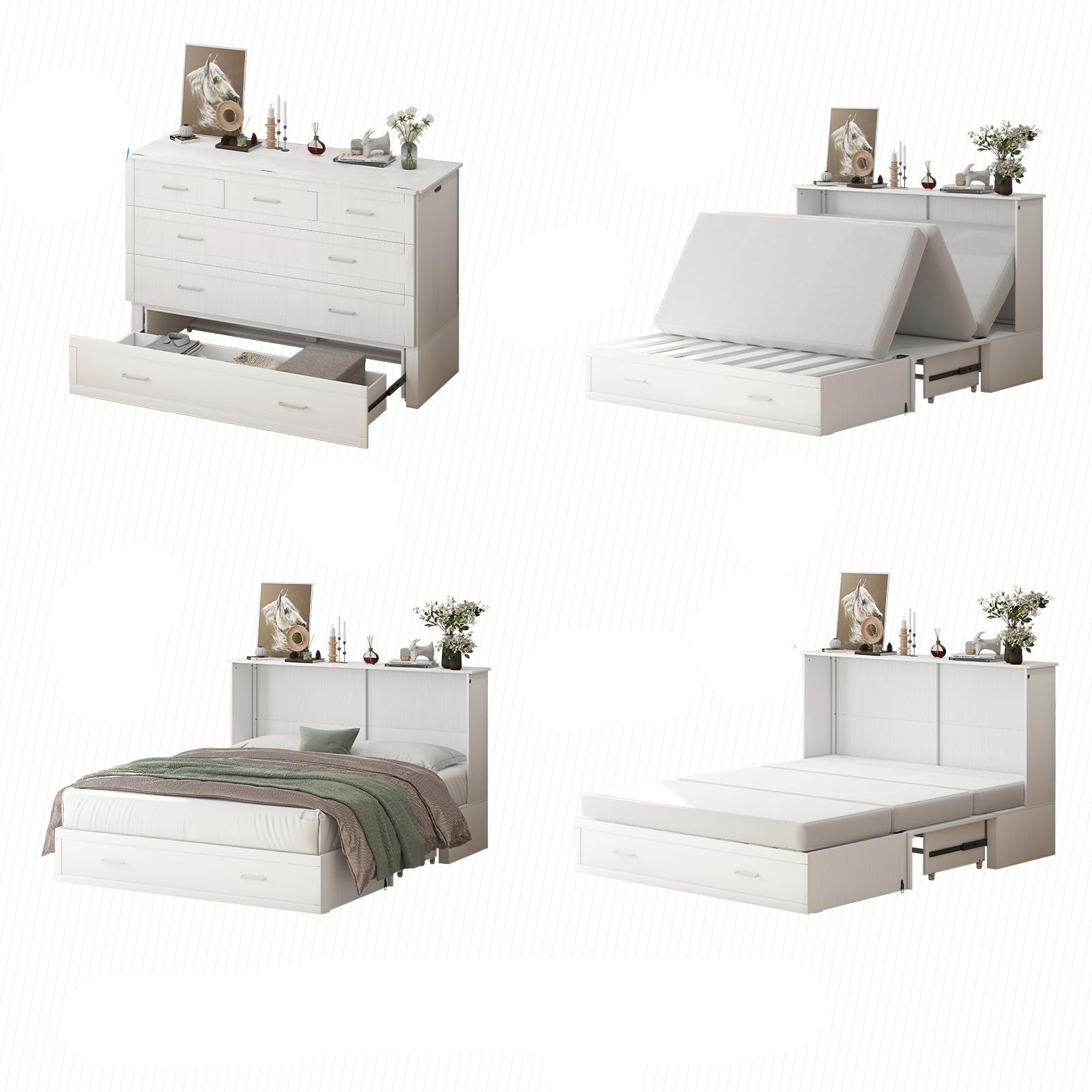 Murphy Bed, Queen Cabinet Chest Bed with Mattress, USB Charging Station