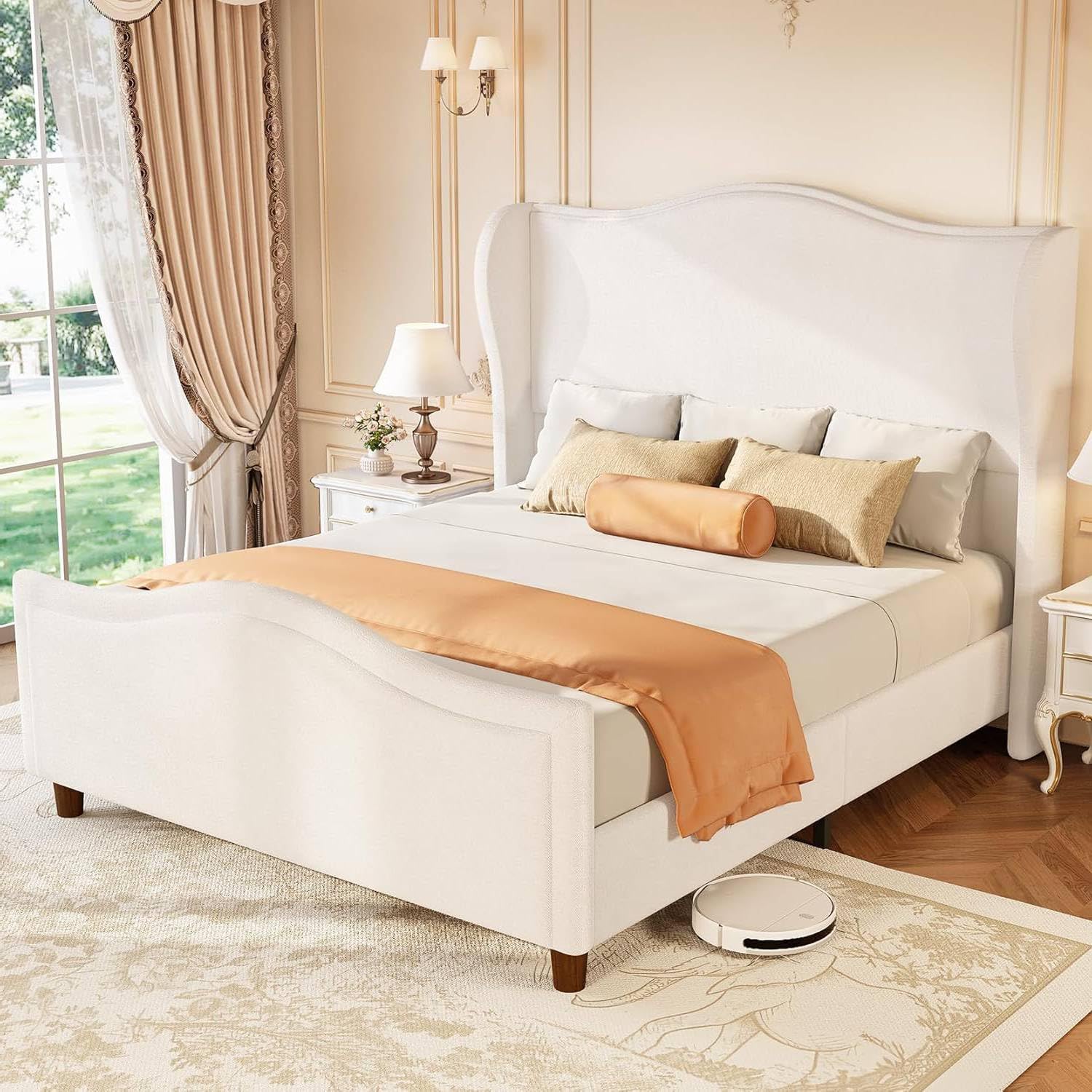 Queen Bed Frame Chenille Upholstered Platform Bed with Headboard