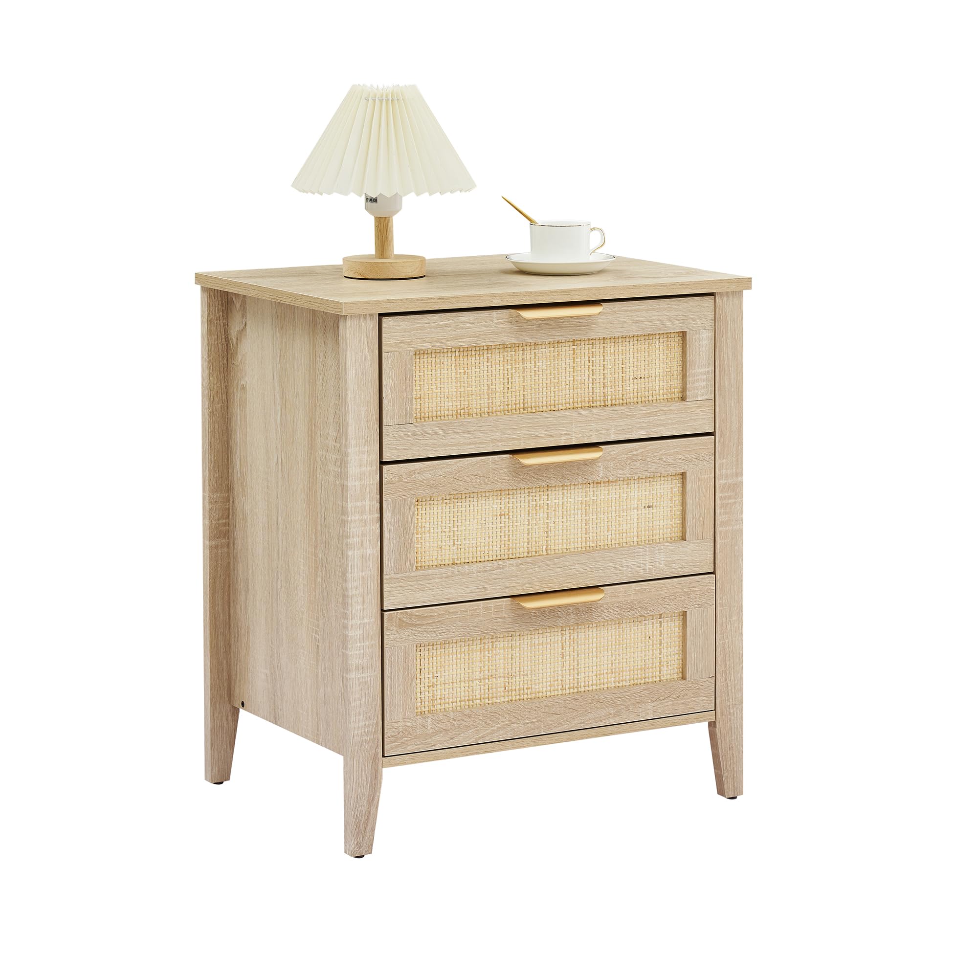Rattan Nightstand, Boho Nightstand with 3 Natural Rattan Drawers