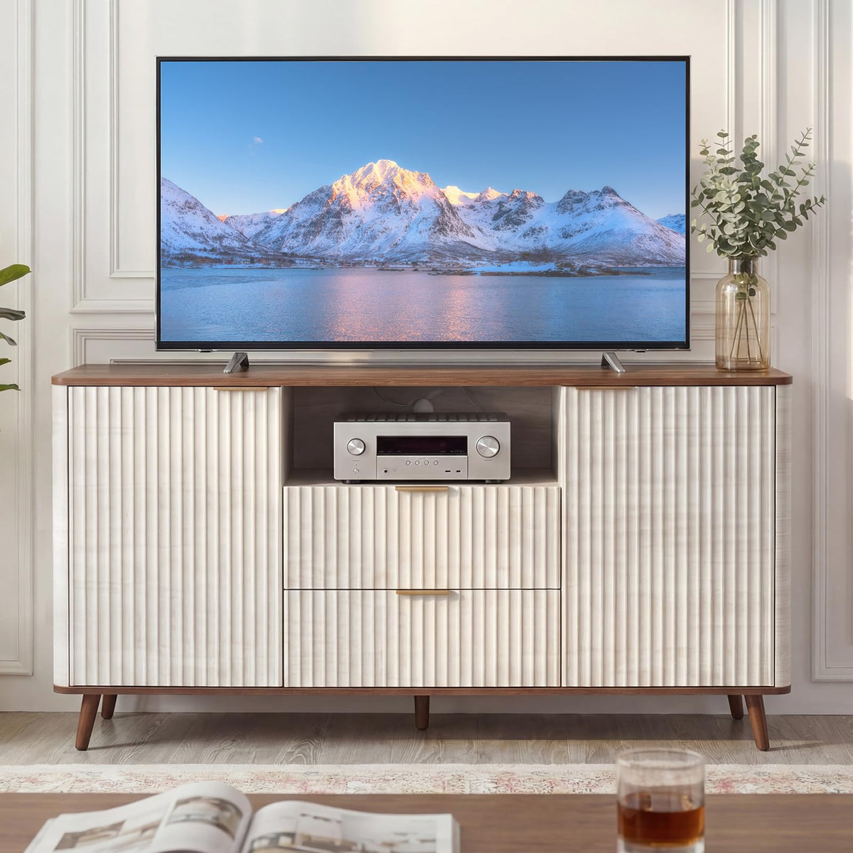 55" Fluted TV Stand with LED Lighting & Storage Cabinets
