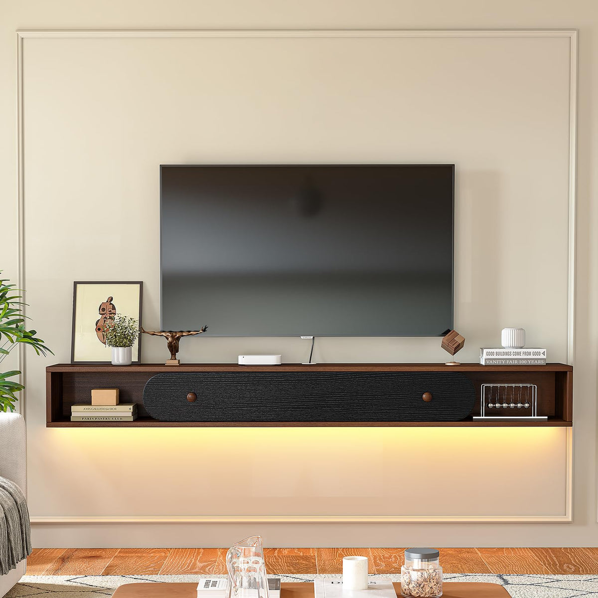 Floating Wall-Mount TV Console | Walnut & Black