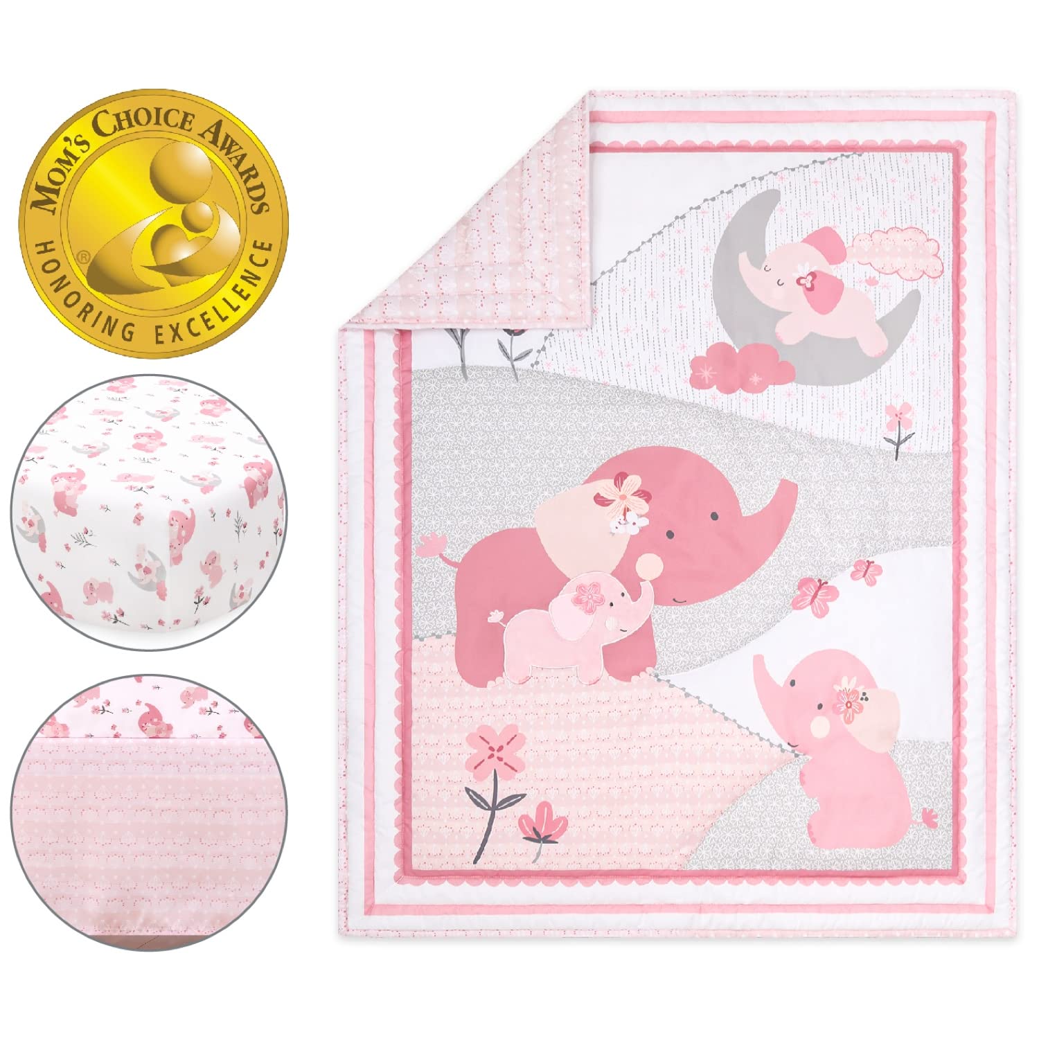 The Peanutshell 3 Piece Baby Crib Bedding Set for Girls - Newborn, Infant & Toddler Nursery Bed Set Decor with Fitted Crib Sheet, Dust Ruffle Comforter - Pink Elephant