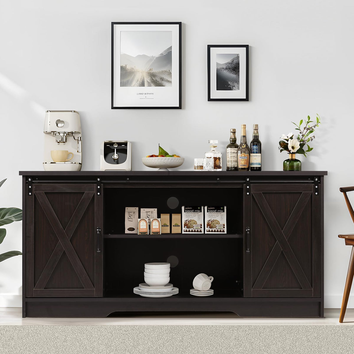 59" Farmhouse Coffee Bar Cabinet with Sliding Barn Doors