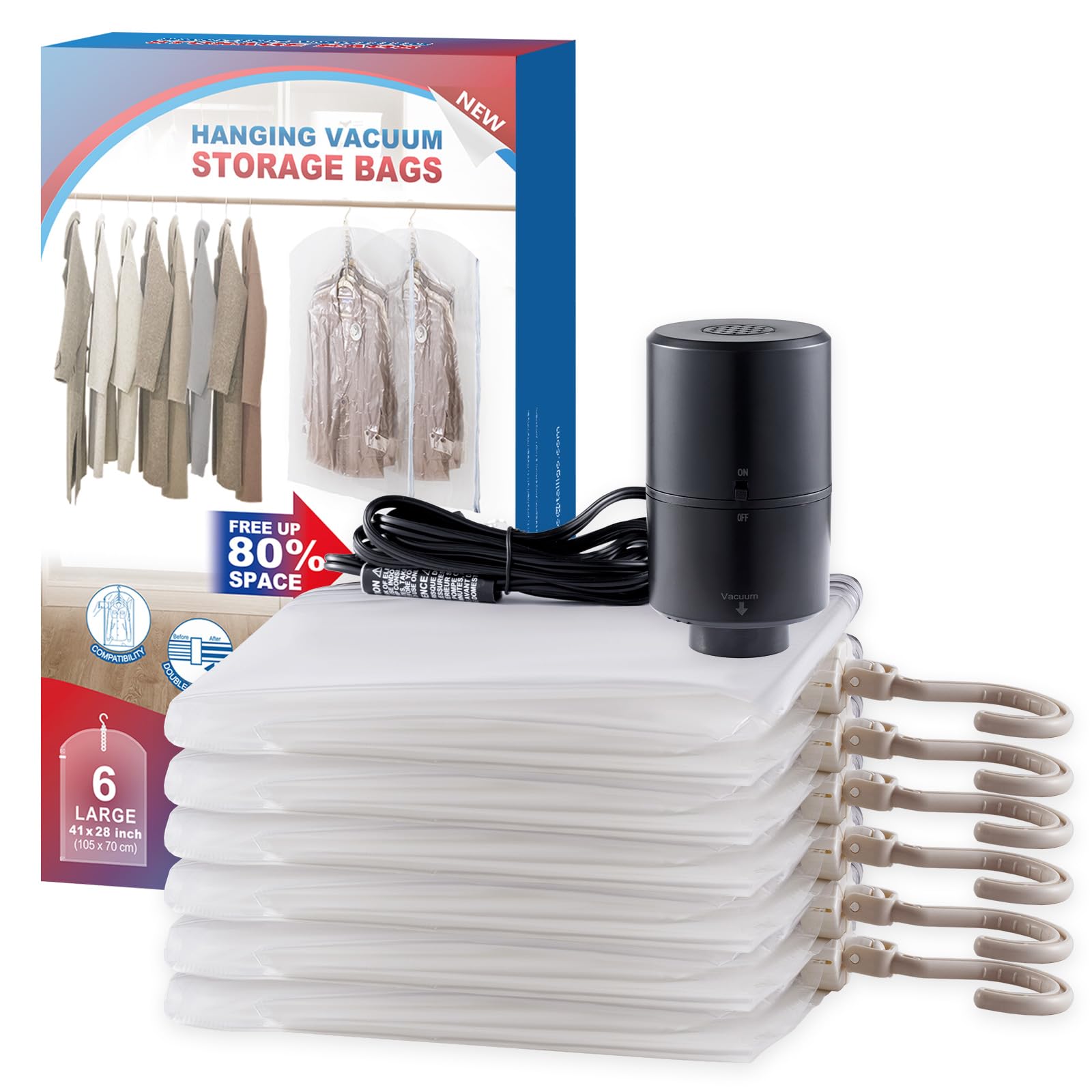 Hanging Vacuum Storage Bags, 6 Pack Hanging Storage Bags for Clothes