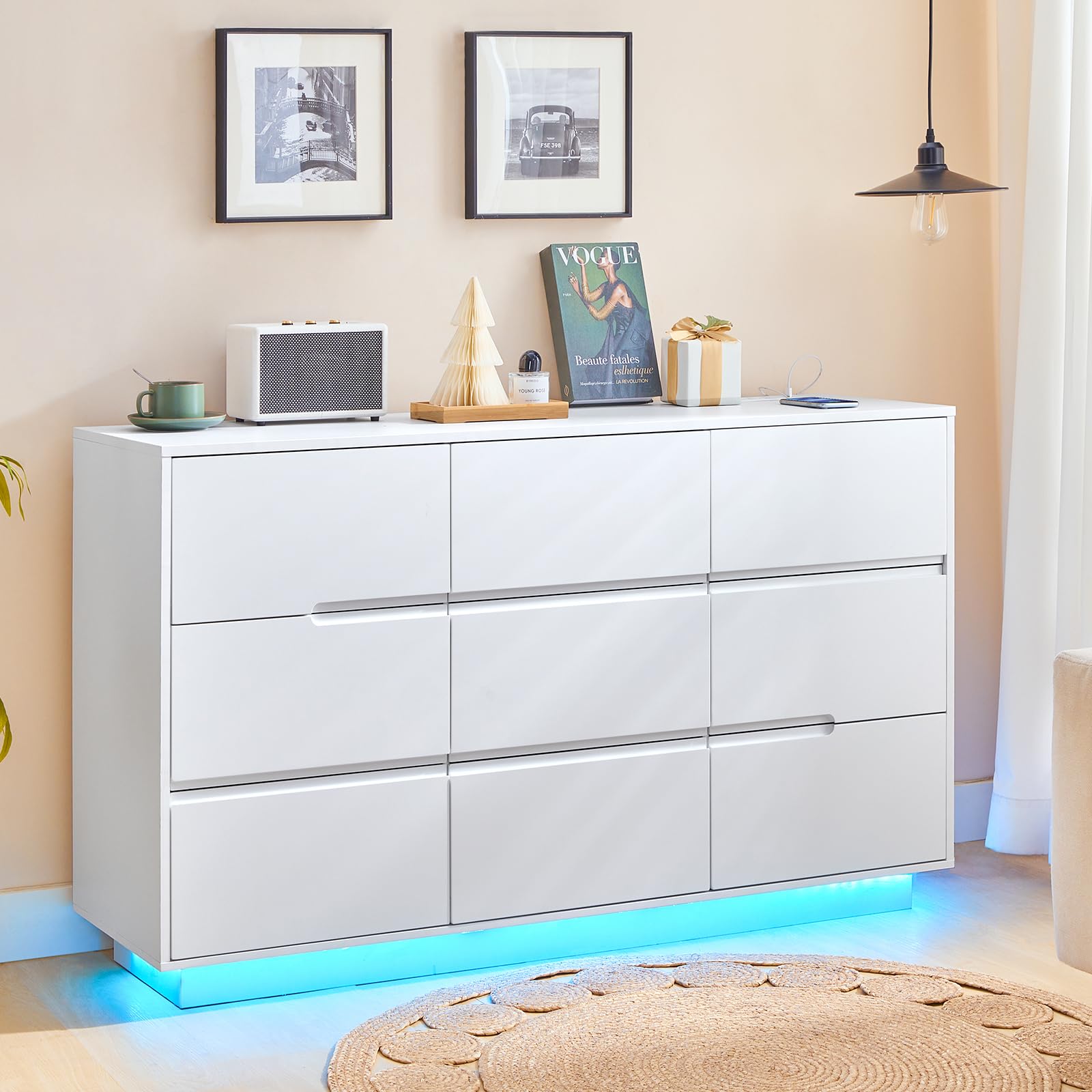 White Dresser for Bedroom, Handless 9 Drawers Dresser