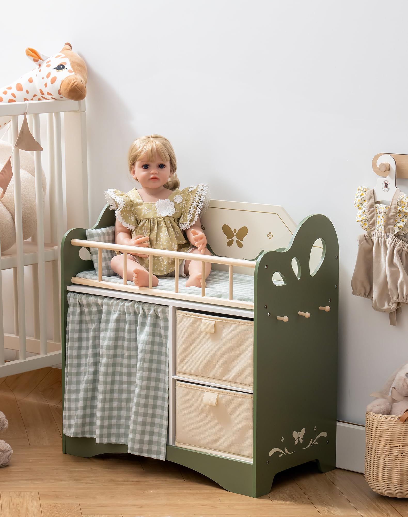 Baby Doll Crib, Wooden Doll Bed, Toy Baby Crib with Storage
