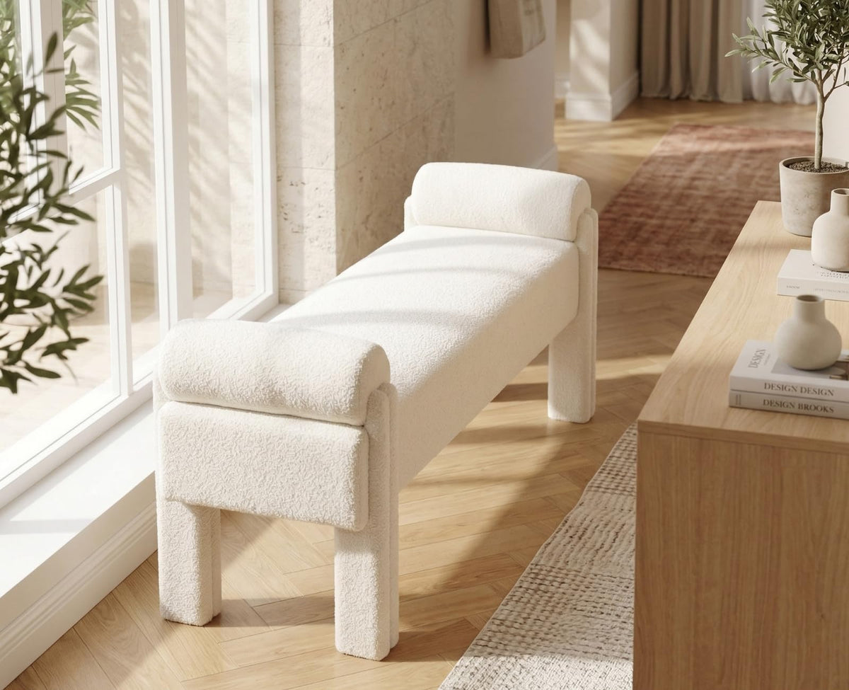 Upholstered End of Bed Bench with Boucle Fabric