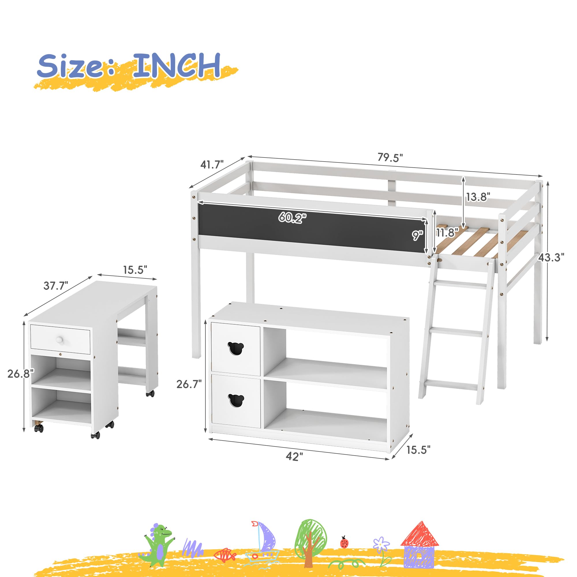 Loft Bed with Desk, Solid Wood Twin Low Loft Bed with Storage