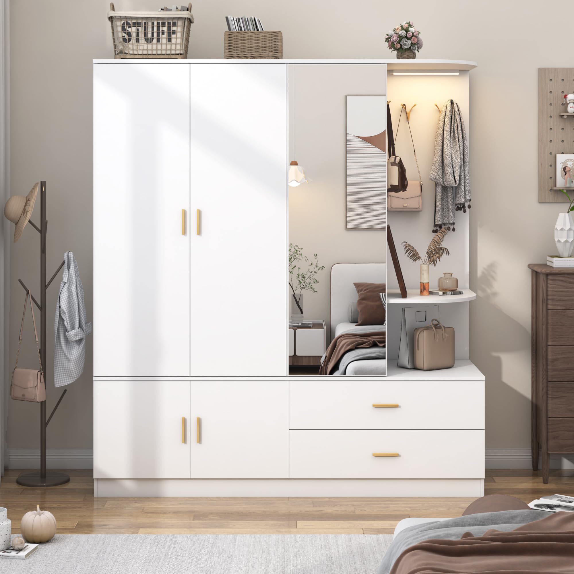 Armoire Wardrobe Closet with Mirror & Sensor Light, Bedroom Armoire