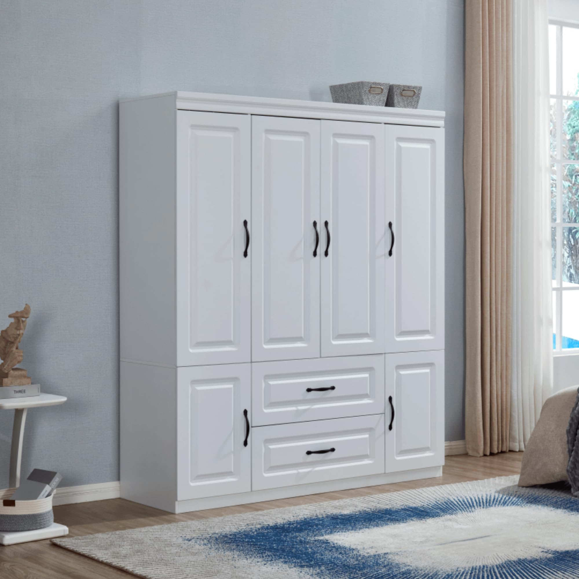 4 Doors Classic White Large Freestanding Wardrobe Armoire Wooden Closet Cabinet