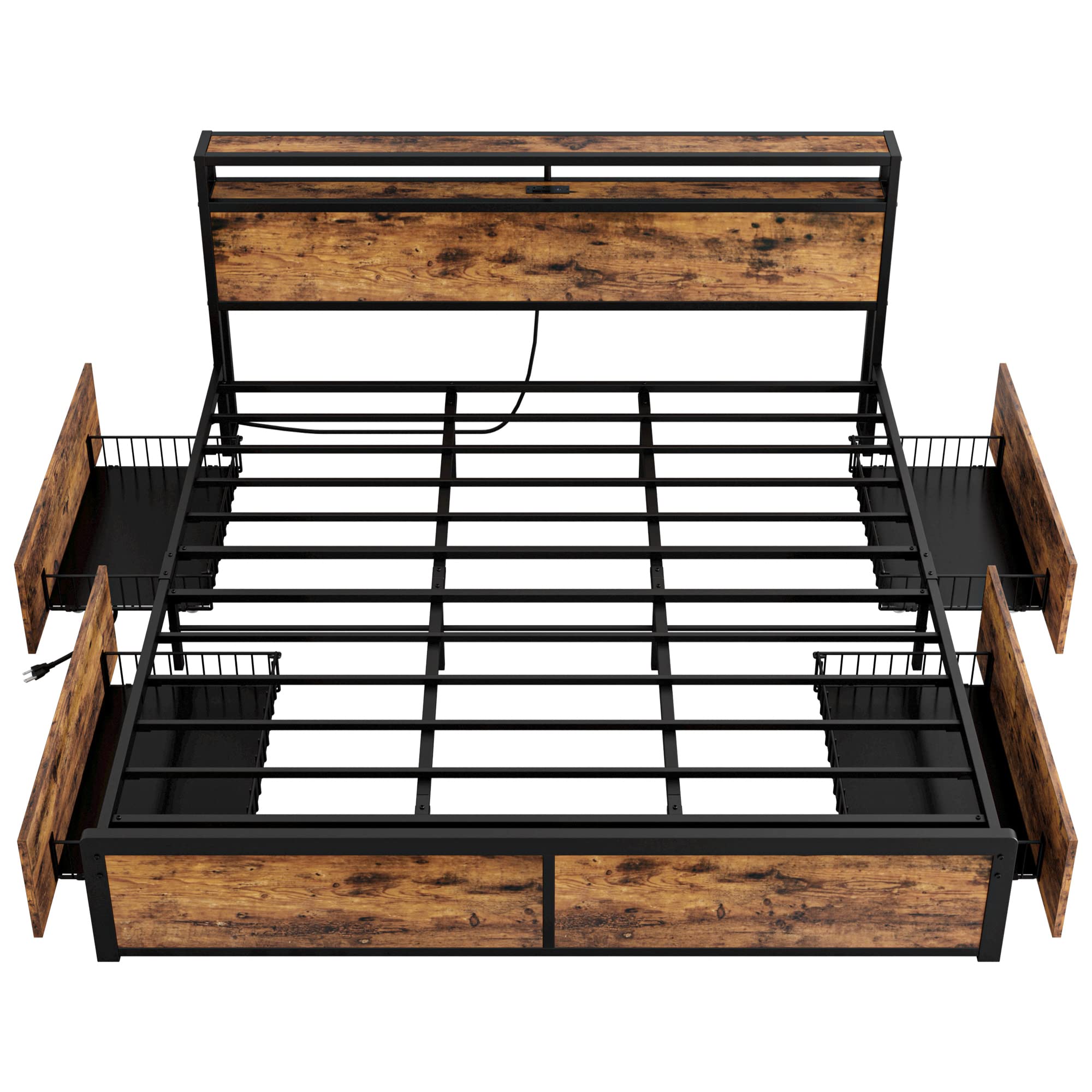 King Bed Frame with Storage Drawer, 2-Tier Storage Headboard with Charging Station