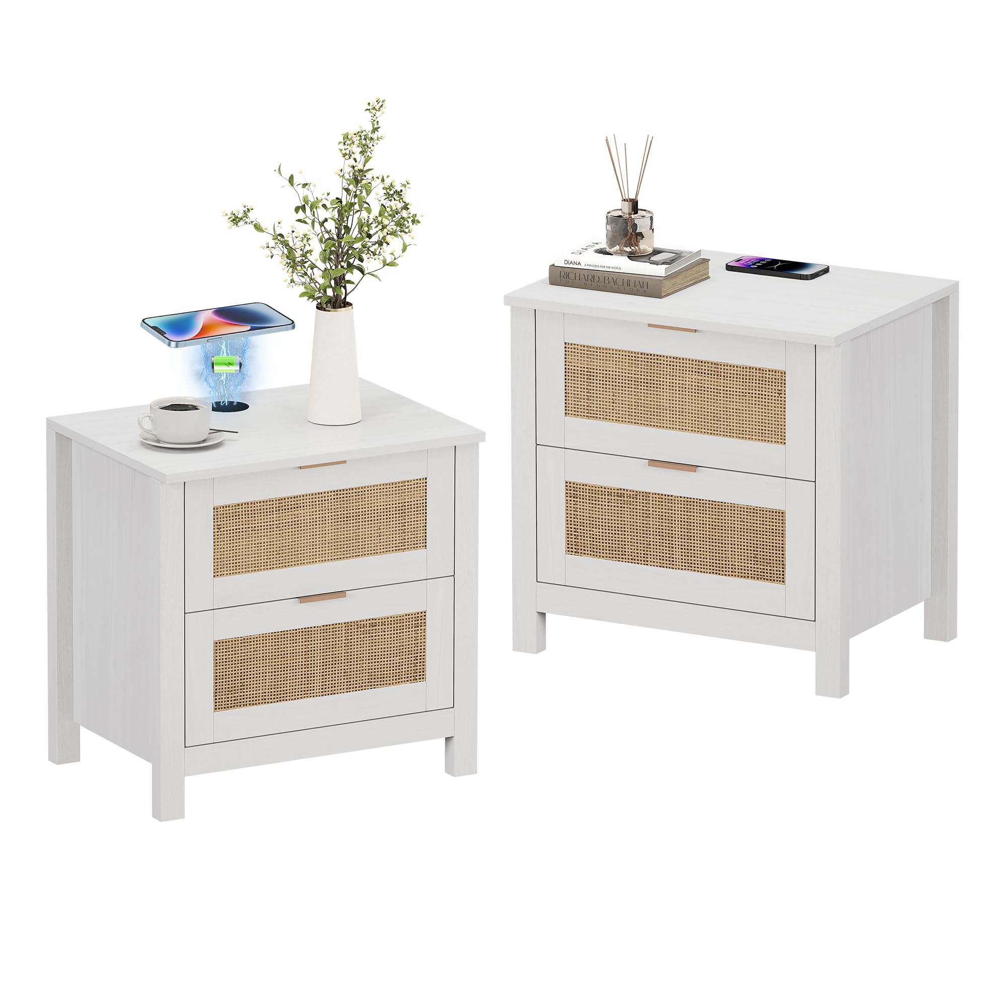 White Night Stand Set of 2, Rattan Nightstands Set of 2 with Wireless Charging Station