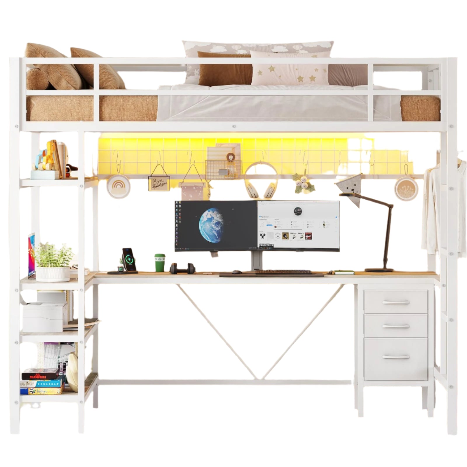 Size with L-Shaped Desk and Storage Shelves, Metal Loft Bed Frame