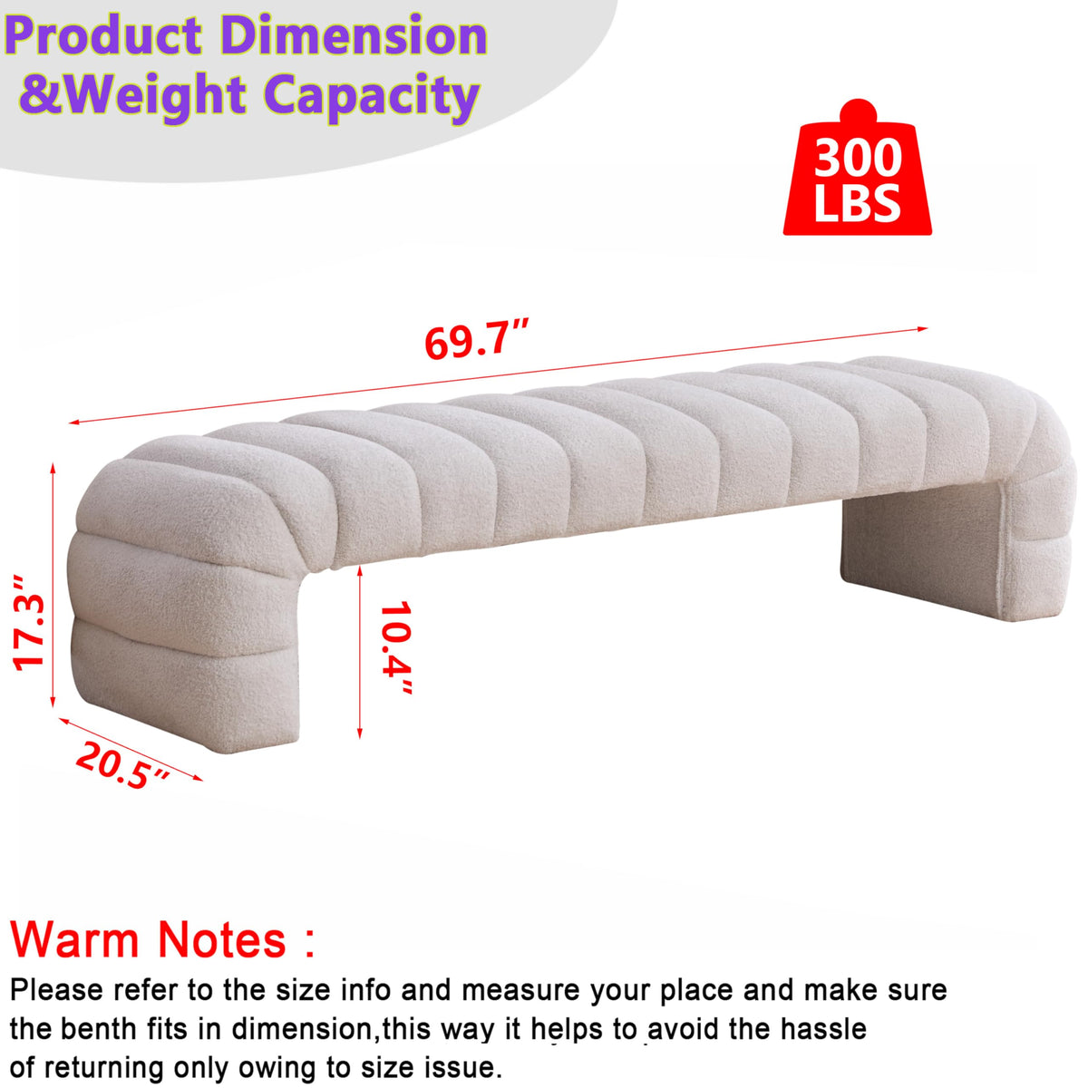 Arched Chenille Ottoman Bench, 69.7"