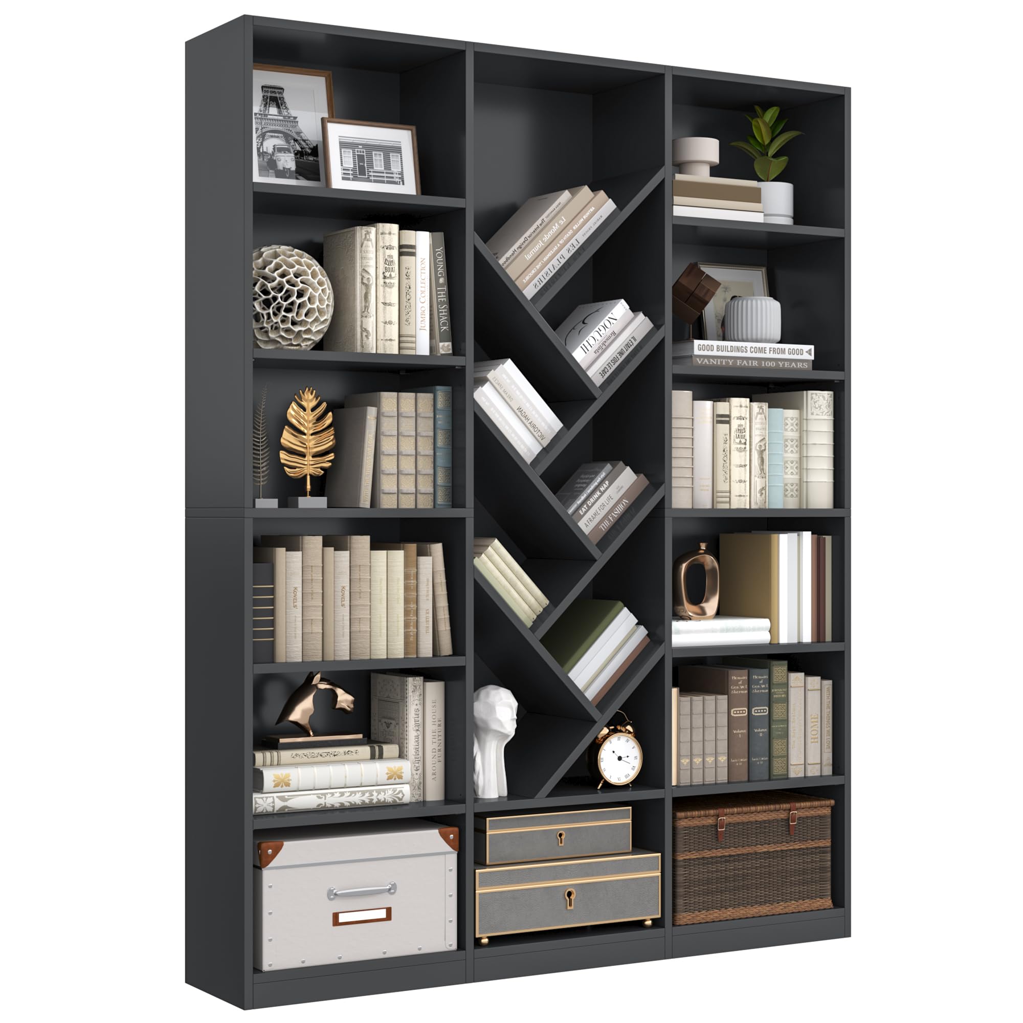 6-Tier Tree-Shaped Bookshelf, 70.87" Tall, Black