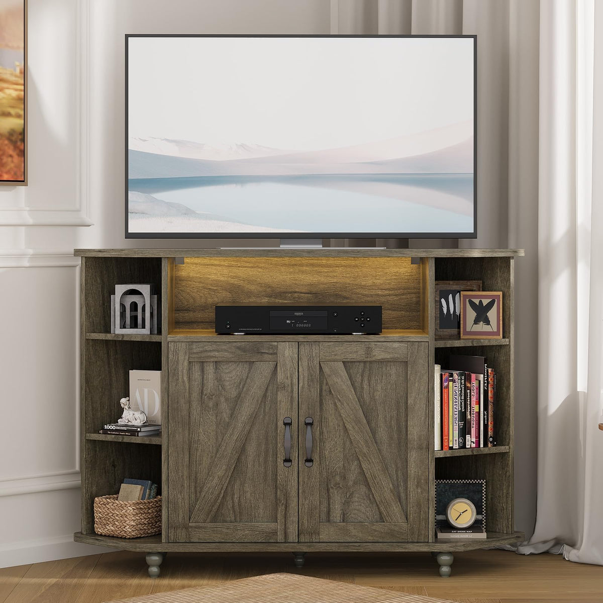 Corner TV Stand with LED Lights & Storage