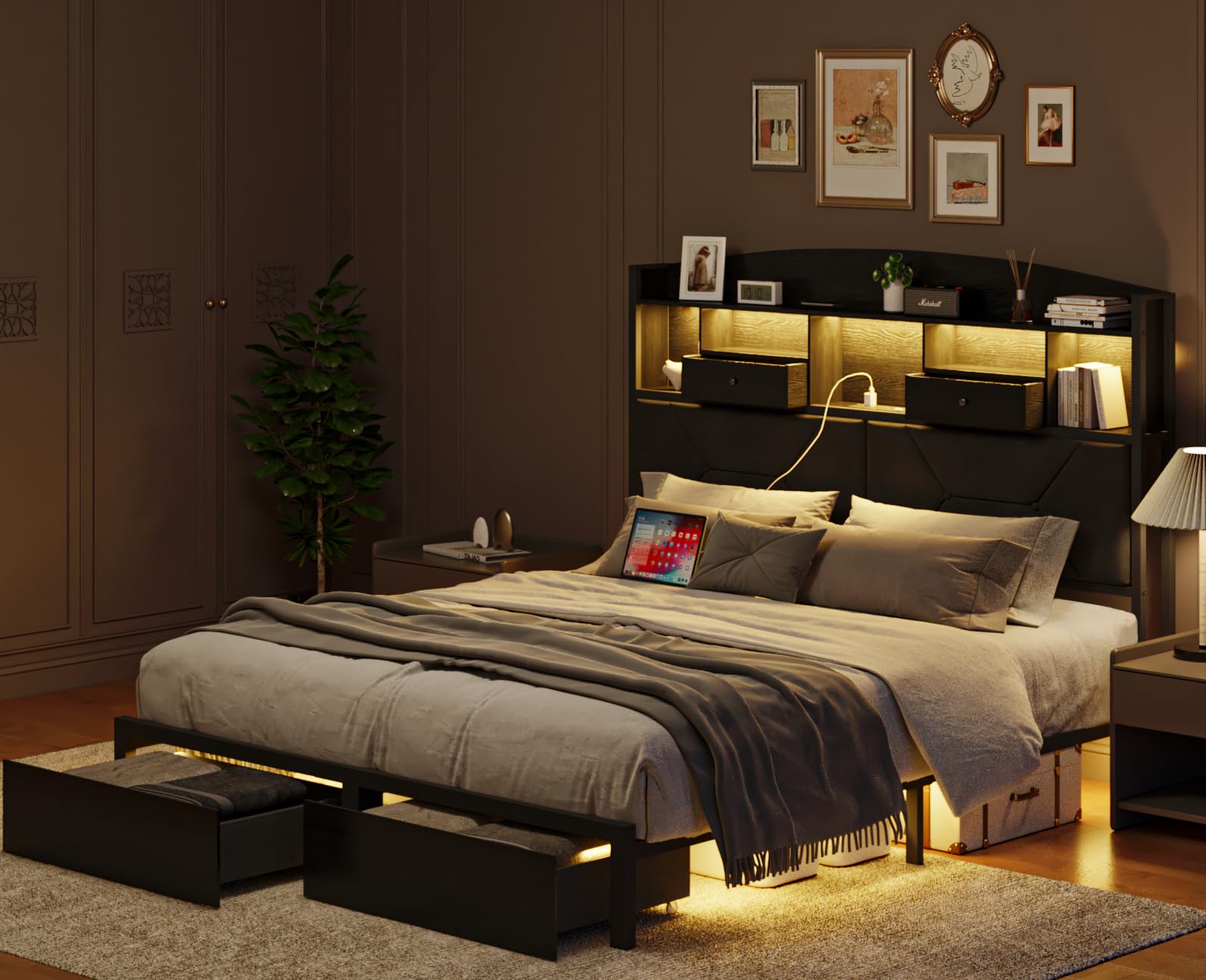 Size Black Bed Frame with 4 Storage, Upholstered Velvet Platform Bed Frames