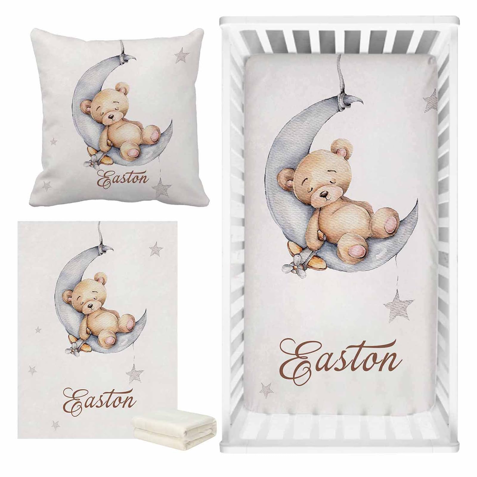 3Pcs Sleeping Bear Sleep on Moon Baby Crib Sheet Set