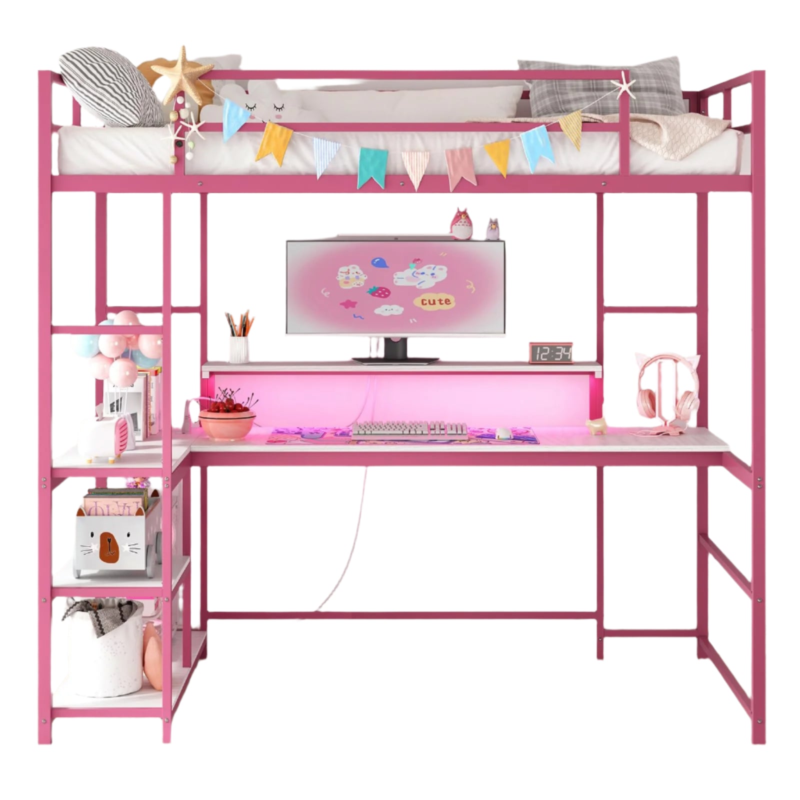 Twin Loft Bed with Large Desk and LED Lights, Metal Loft Bed Frame with Ladder