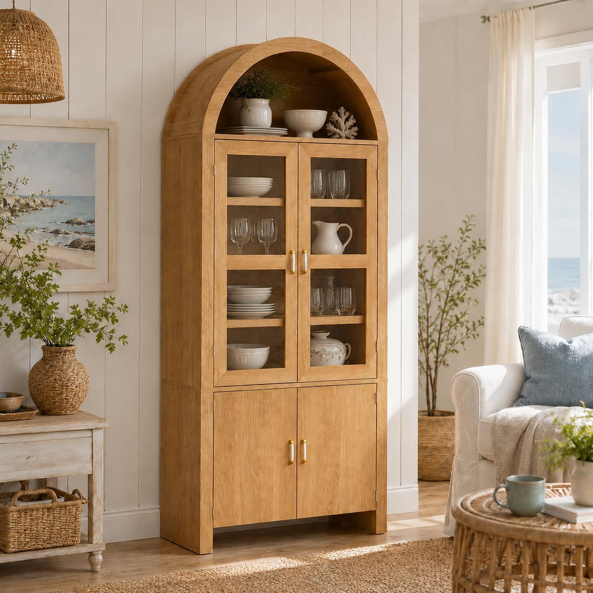 71" Tall Arched Kitchen Pantry Cabinet with Glass Doors