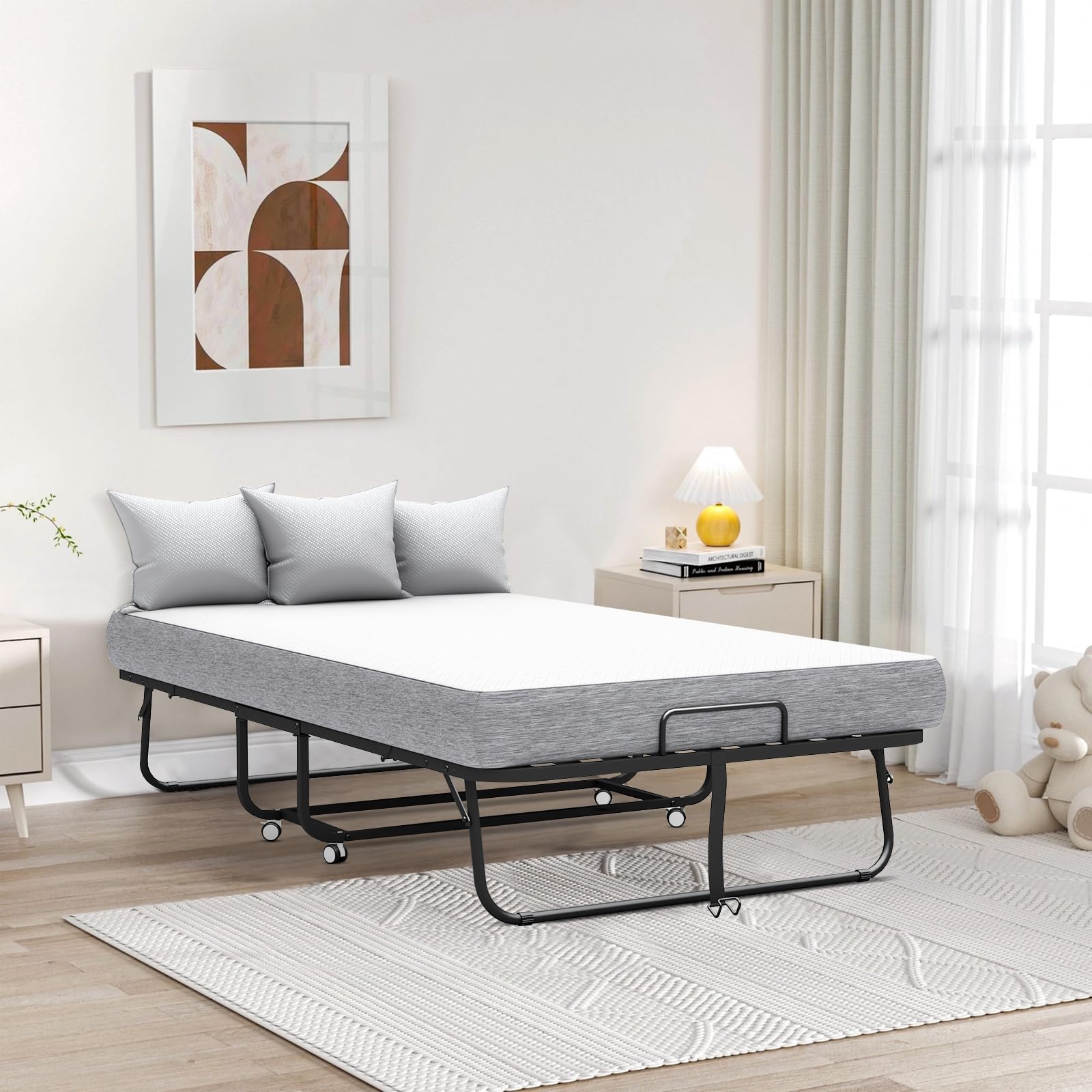 Twin Folding Bed with Mattress, 75''x38'' Portable Foldable Fold Up Bed