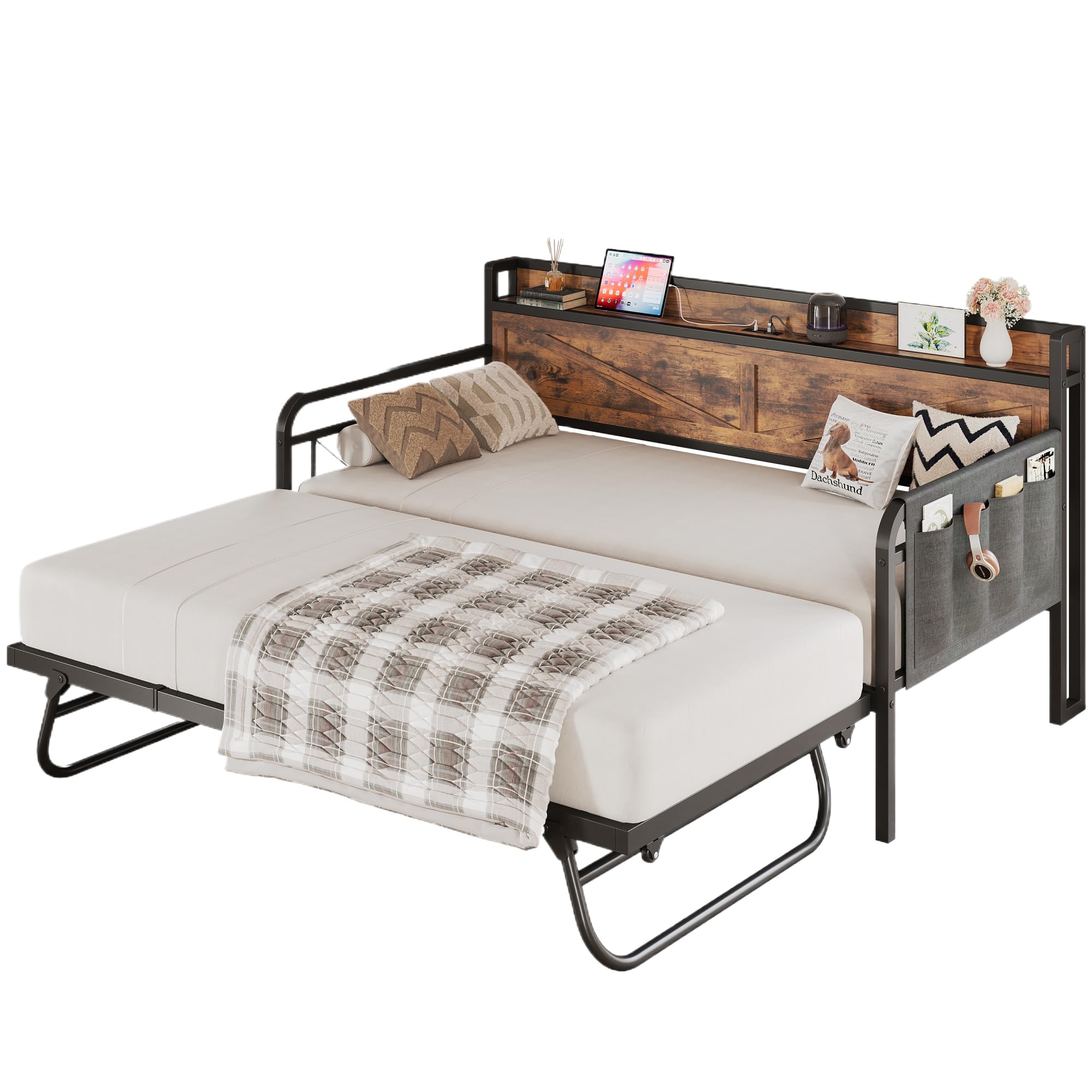 Daybed with Trundle Bed, Storage Headboard with Charging Station