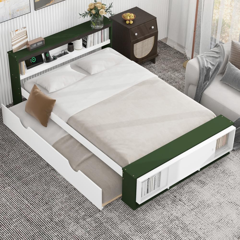 Bed with Trundle, Storage Headboard & Footboard, USB Charging Design