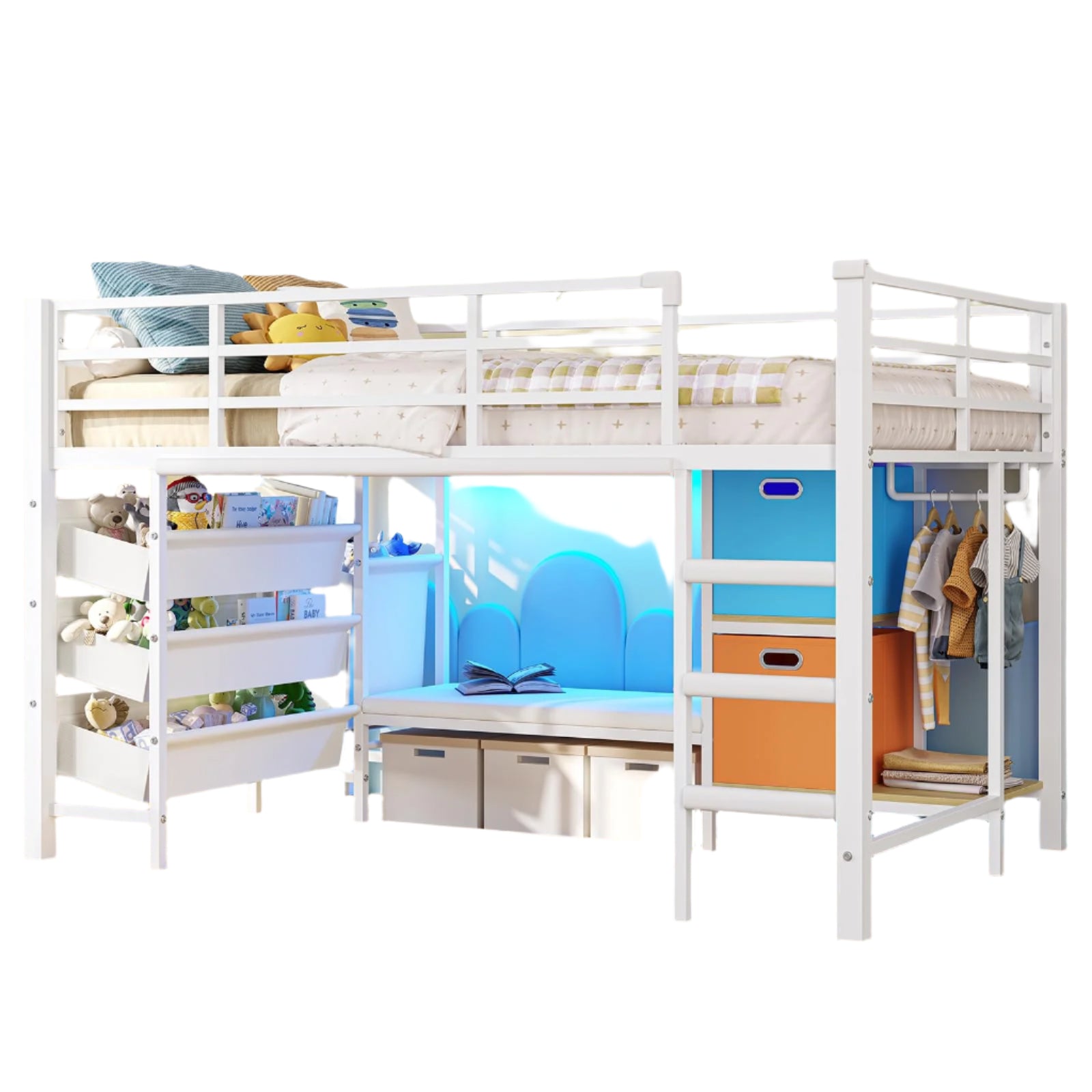Loft Bed Twin Size with Reading Corner Metal Twin Loft Bed with LED Lights