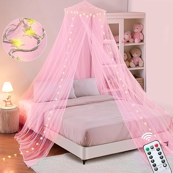 Pink Bed Canopy with Lights for Girls, 8 Corners Post Canopy Bed Curtain