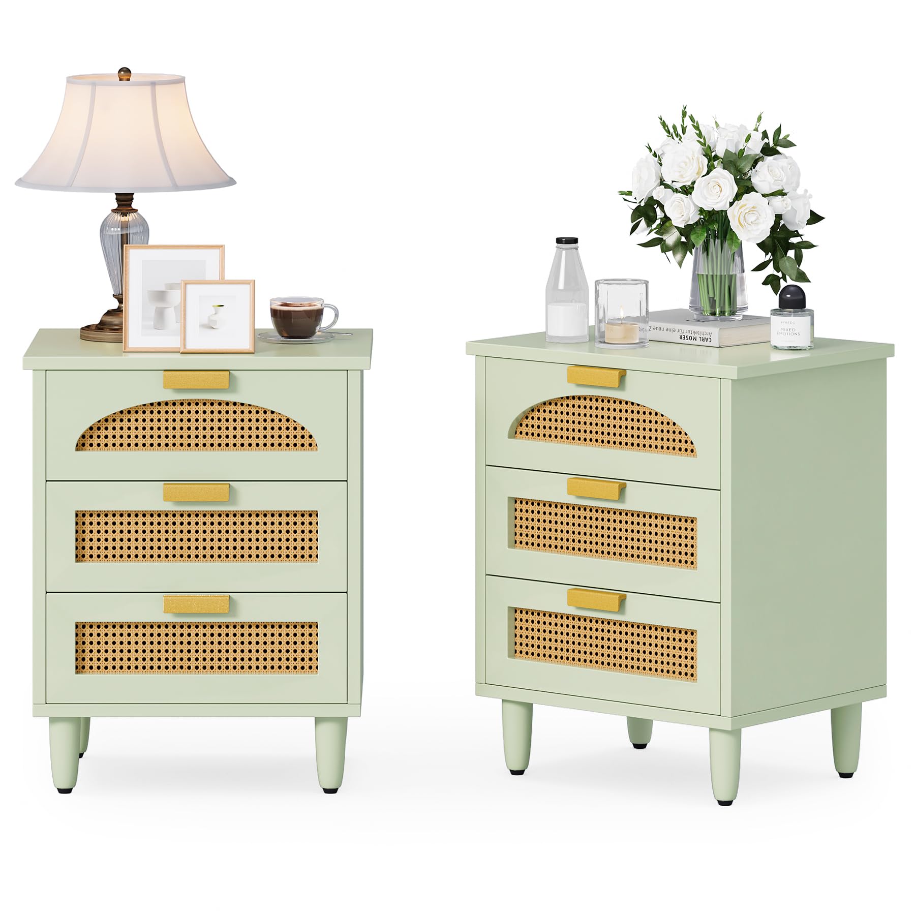 Rattan Nightstand Set of 2, Mint Green End Table with 3 Drawers for Couch