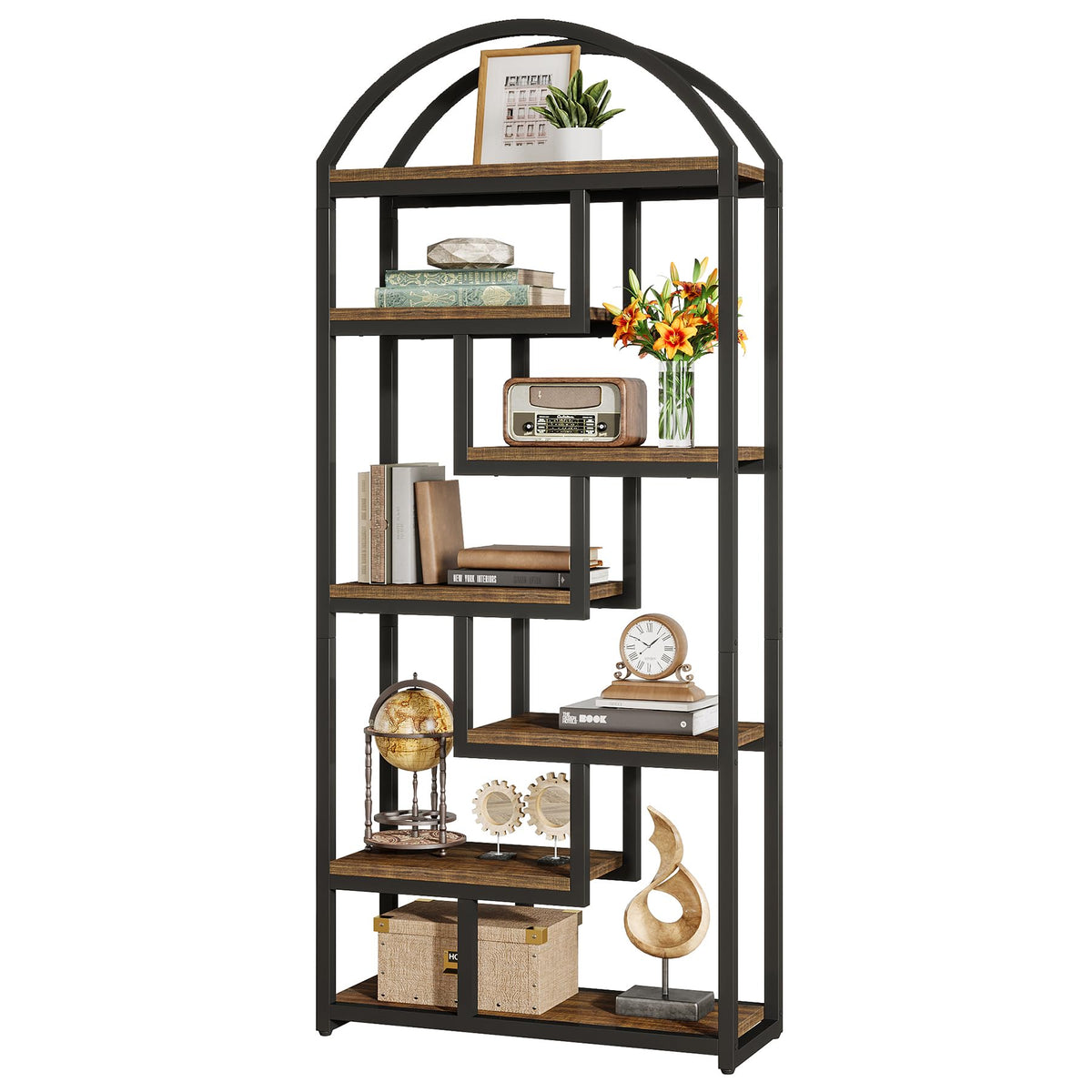 71" Tall Arched Bookshelf with 7 Open Shelves