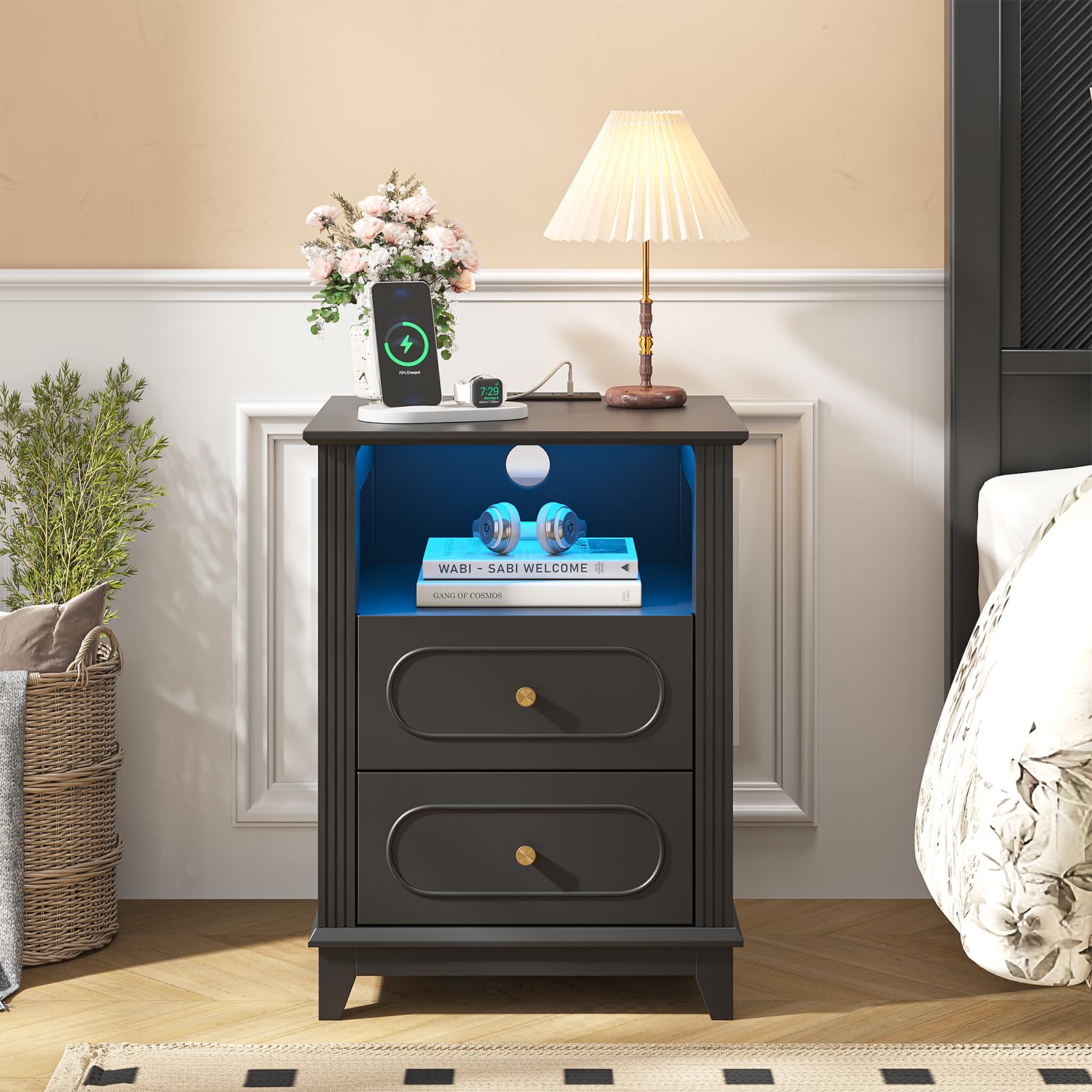 Nightstands Set of 2 Black Nightstand with Charging Station, 2 Drawers End Table