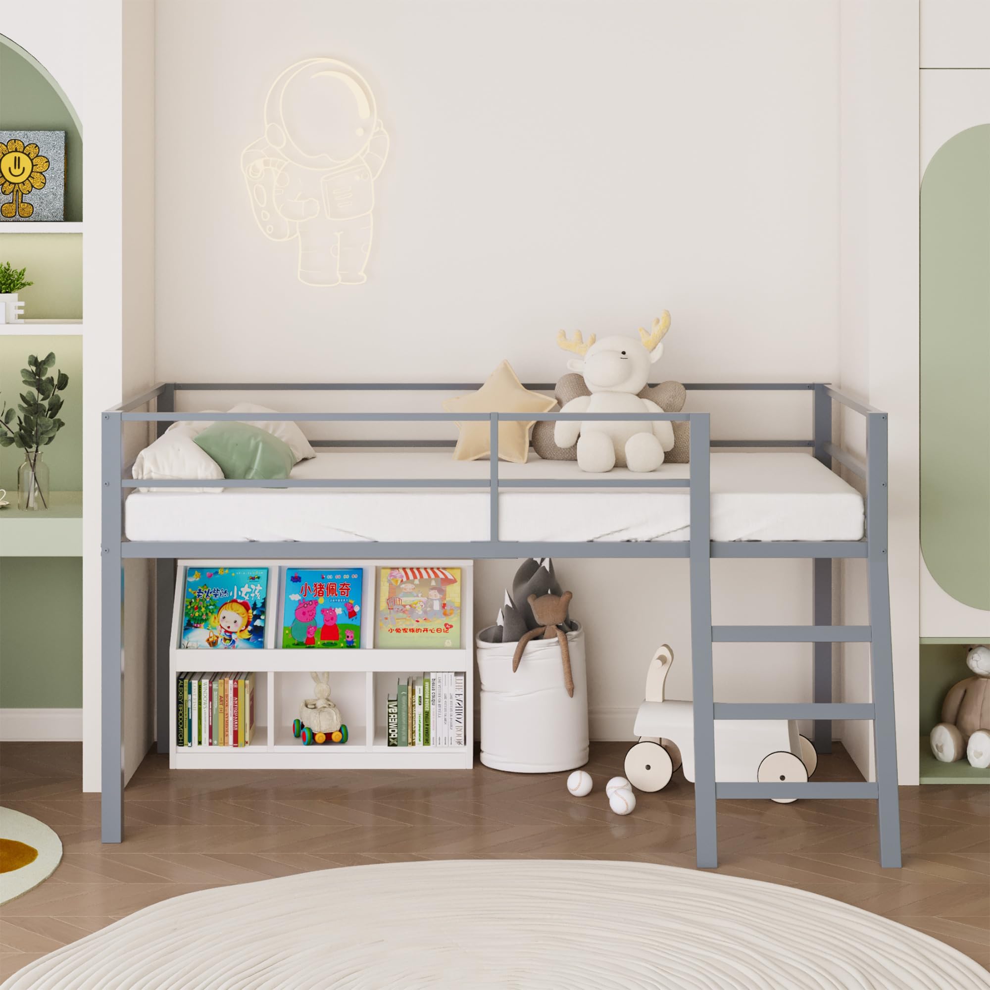 Low Metal Twin Loft Bed with Ladder and Guardrail for Kids or Teens