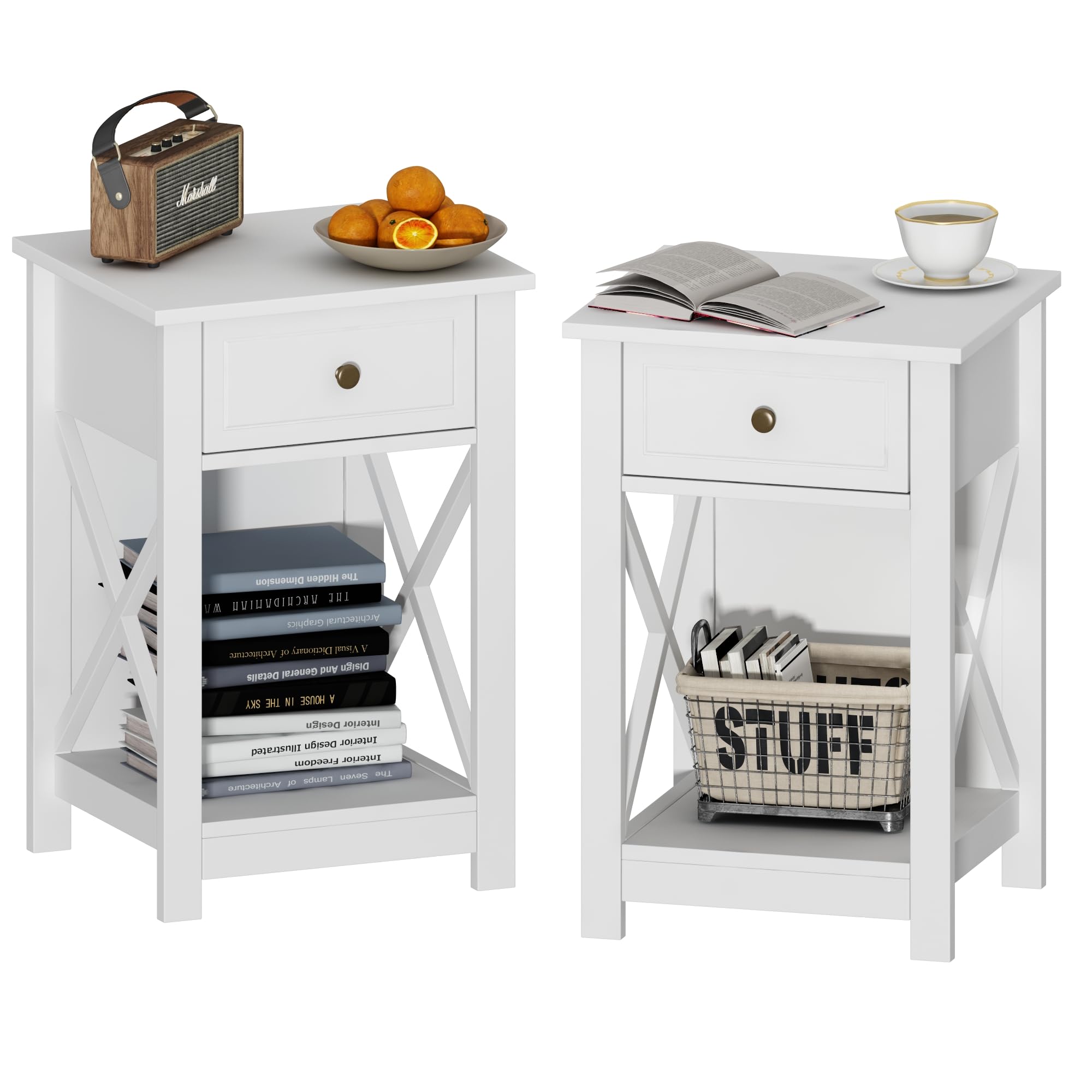 White Nightstand Set of 2, Modern X-Design Night Stand,Bedside End Table