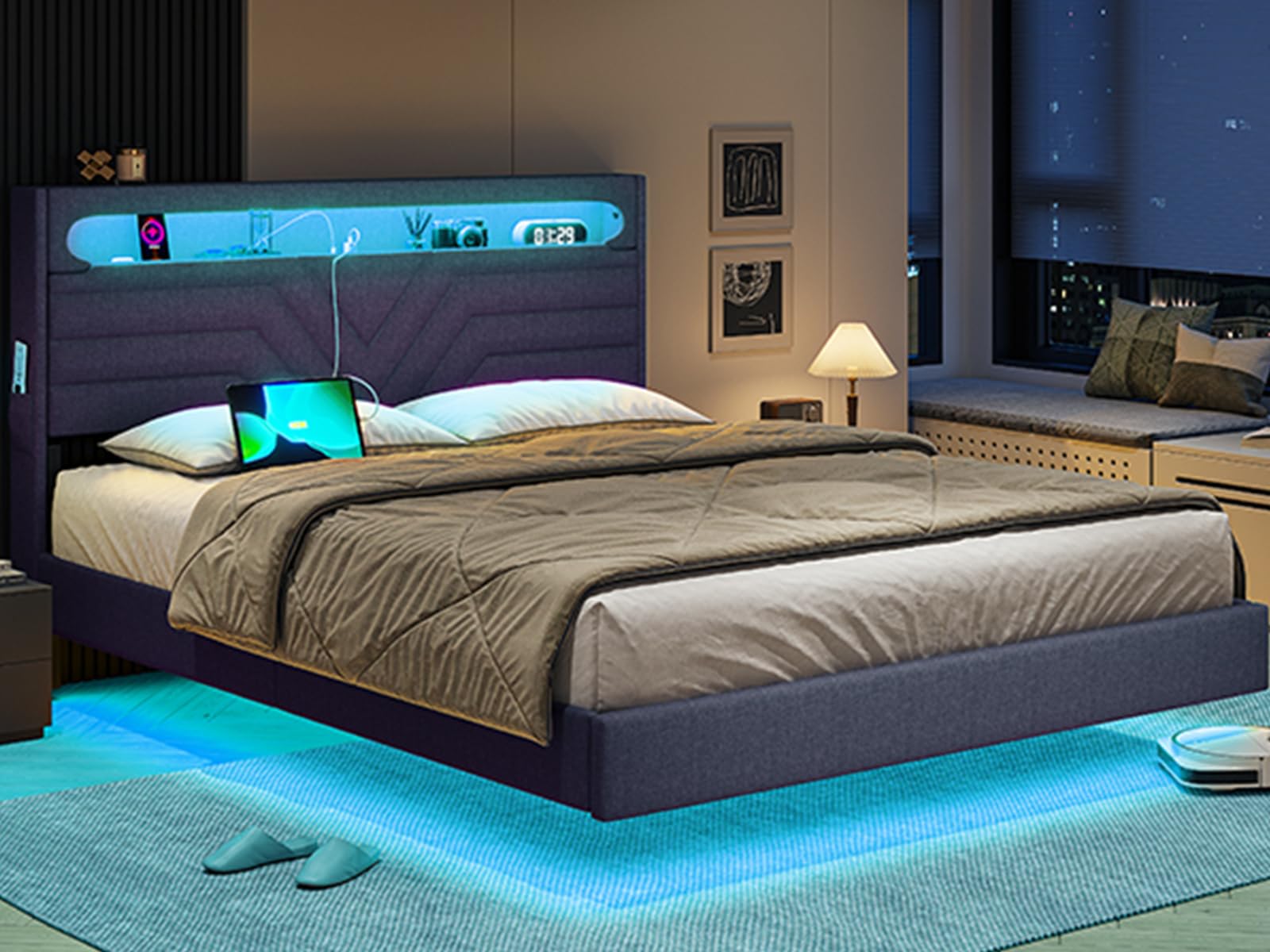 King Size Bed Frame, Velvet Upholstered Platform Bed