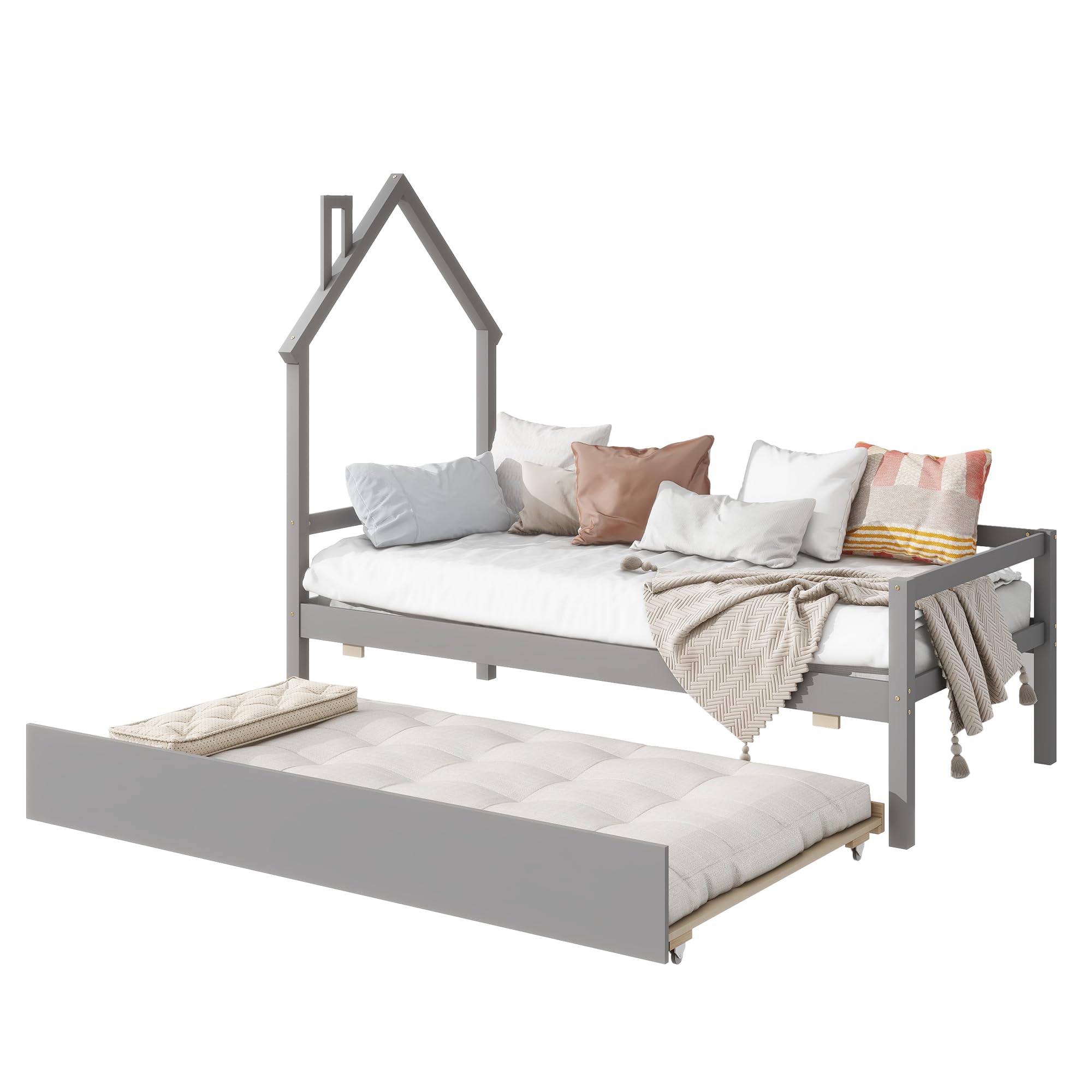 Size Bed with Trundle, House-Shaped Headboard Bed with Fence Guardrails