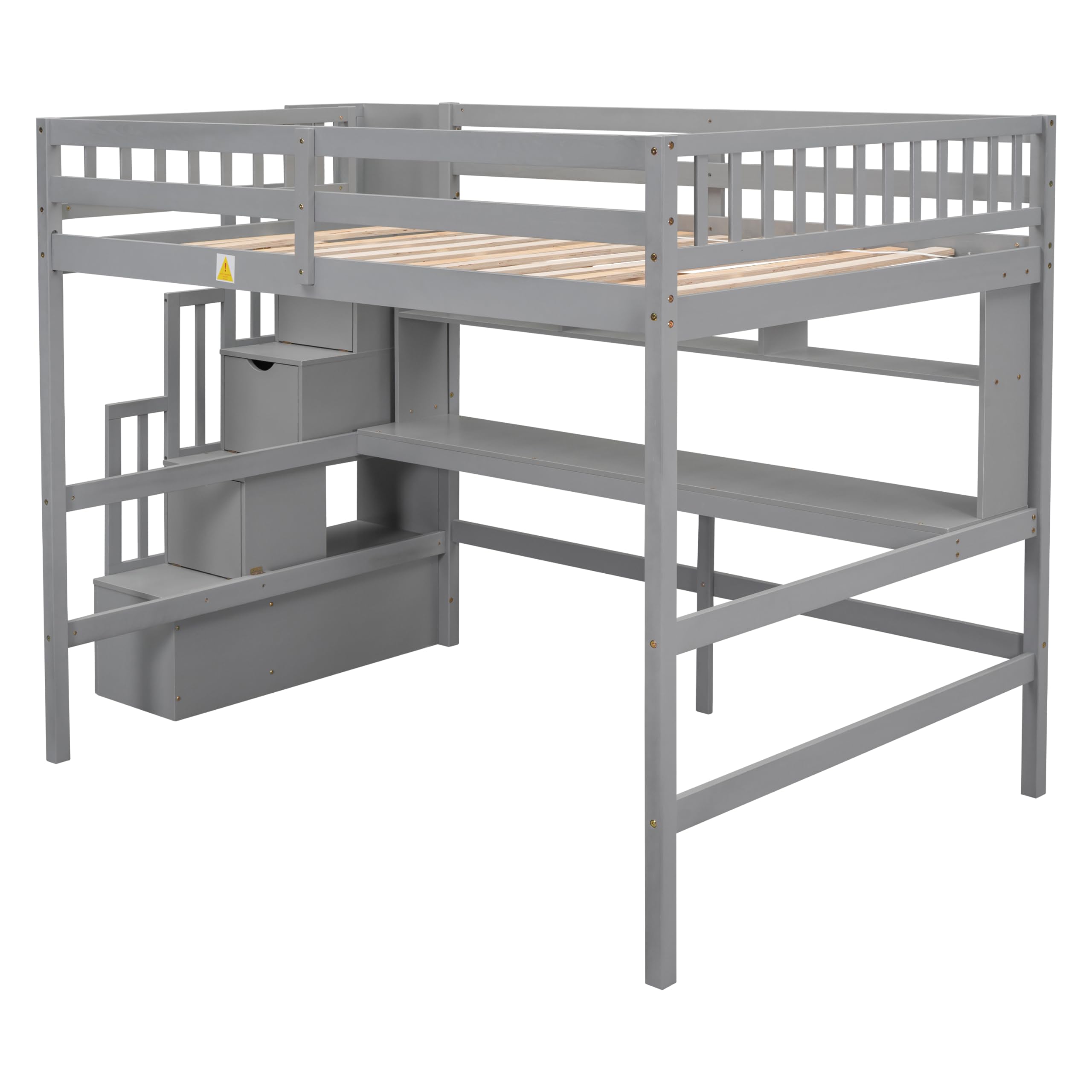 Full Loft Bed with Desk & Storage Stairs, Wood Loft Bed with Shelves