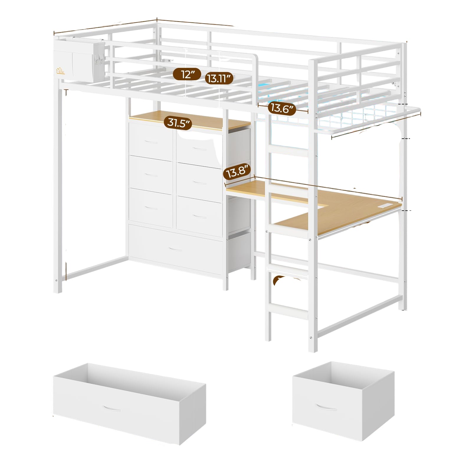 Twin Size Loft Bed with L-Shaped Desk and 7 Storage