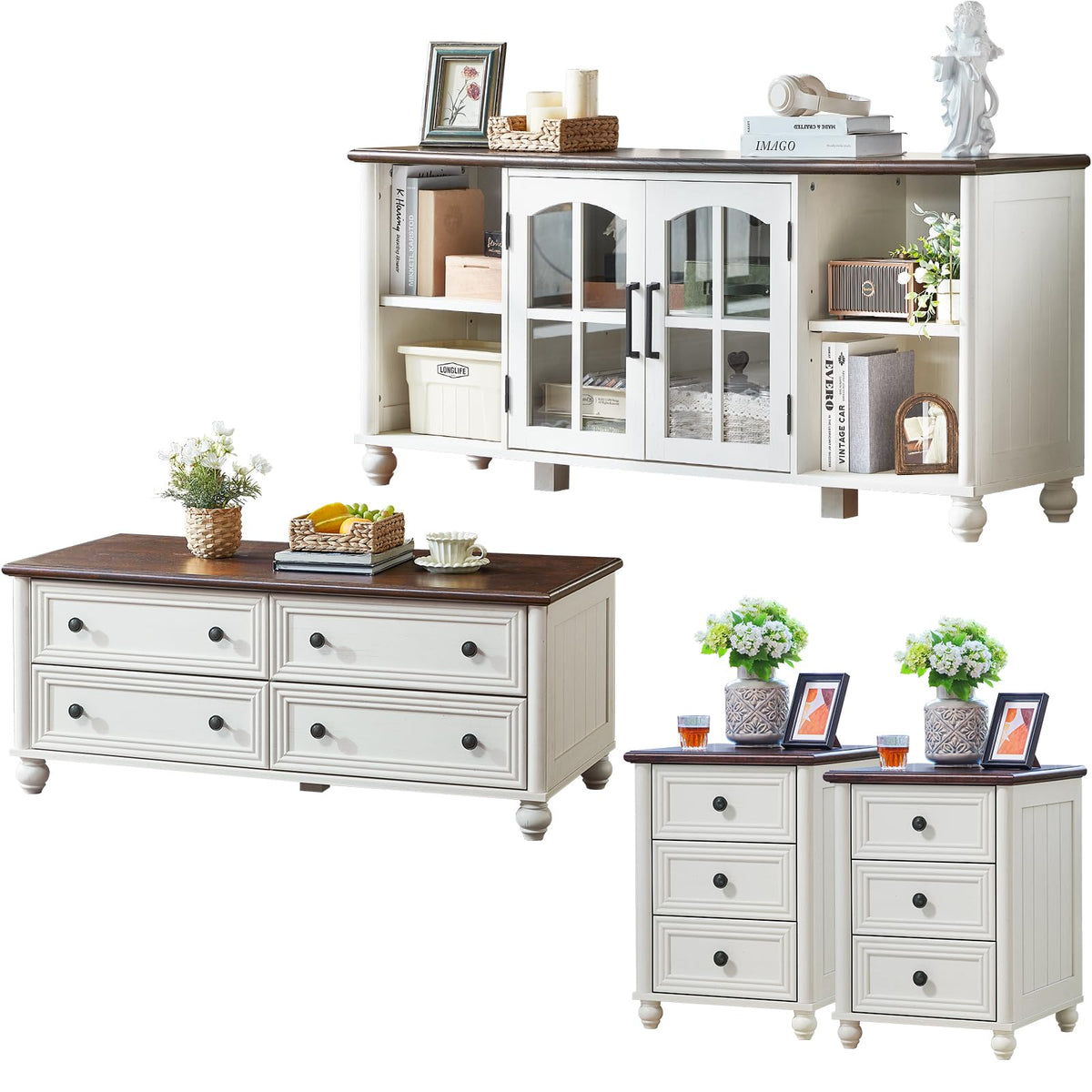 Farmhouse TV Stand & Coffee Table Set with Drawers