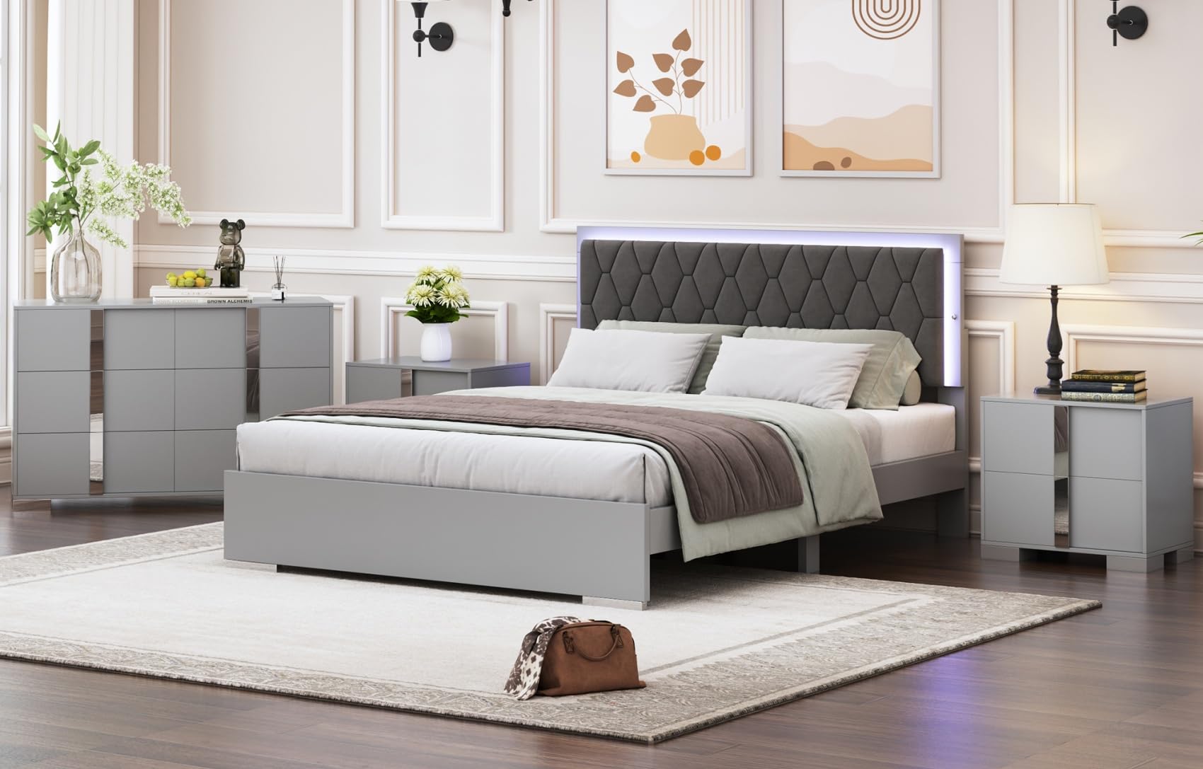 4-Pieces Bedroom Set, Queen Size Bed Frame Platform zetal Handle