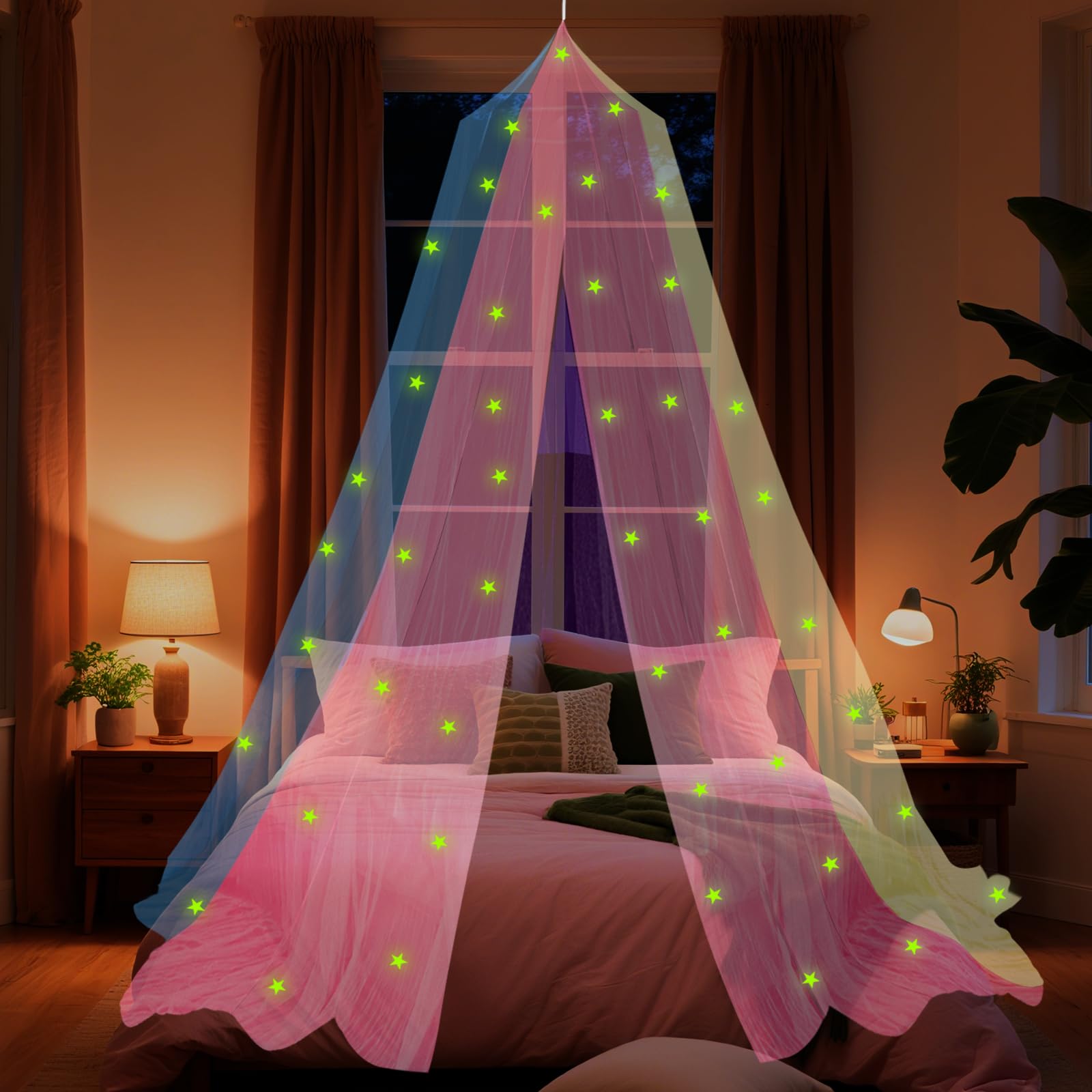 Princess Rainbow Bed Canopy for Girls with Glow-in-The-Dark Stars