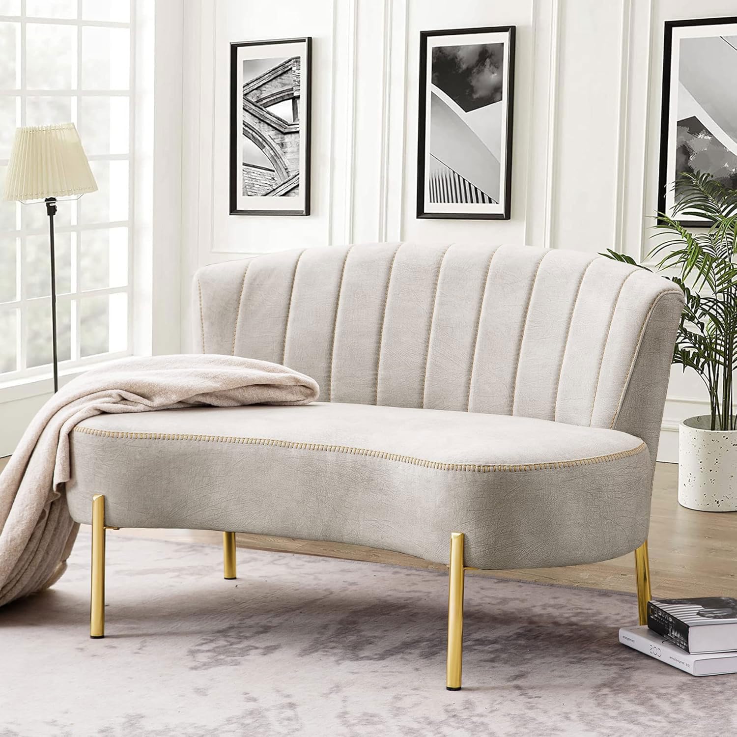 Loveseat Settee with Backrest & Golden Metal Legs