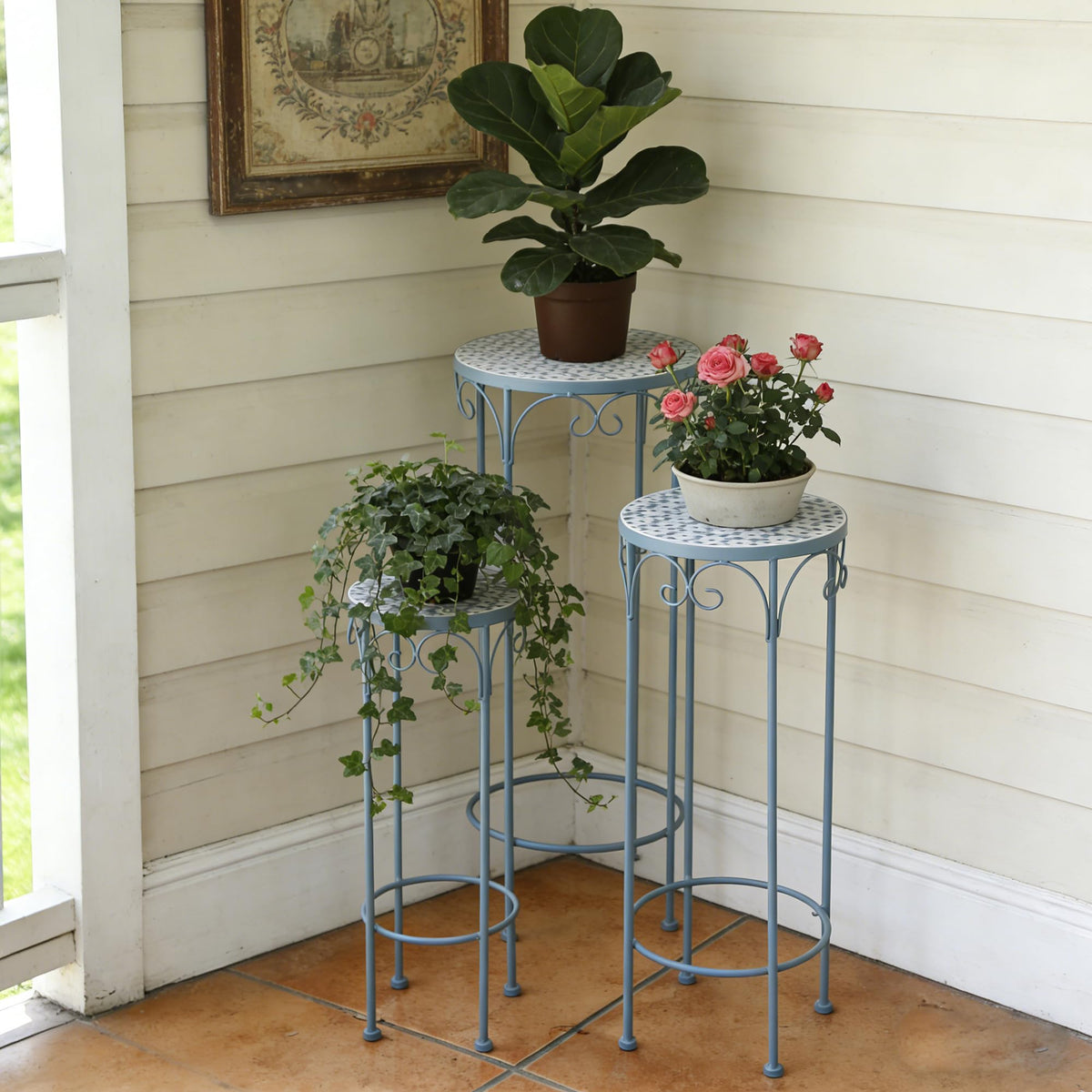 Set of 3 Ceramic-Top Metal Plant Stands – Indoor & Outdoor