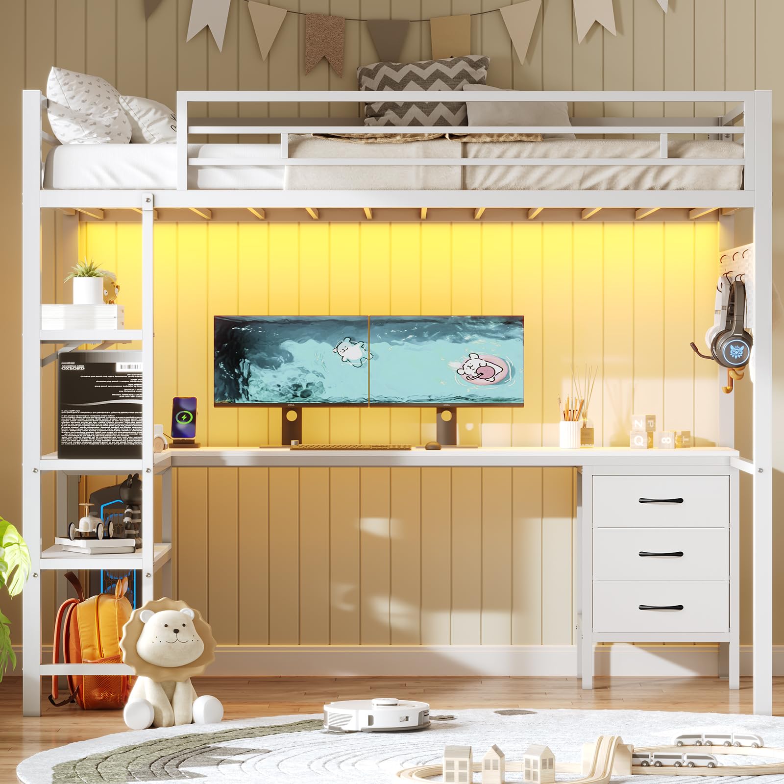 BTHFST Loft Bed Twin Size with L-Shape Desk & RGB LED Lights & Charging Station, Twin Bunk Bed with Fabric Drawers & Shlves, 13.4'' H Safety Guardrail, Noise Free, No Box Spring Needed