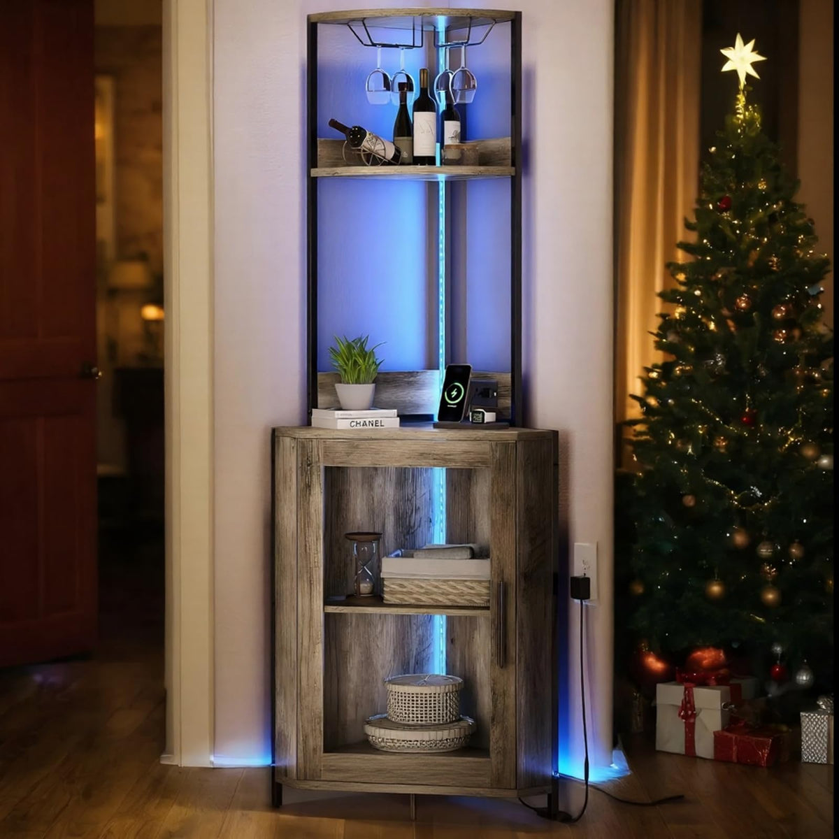 Corner Bar Cabinet with LED Lights & Power Outlets