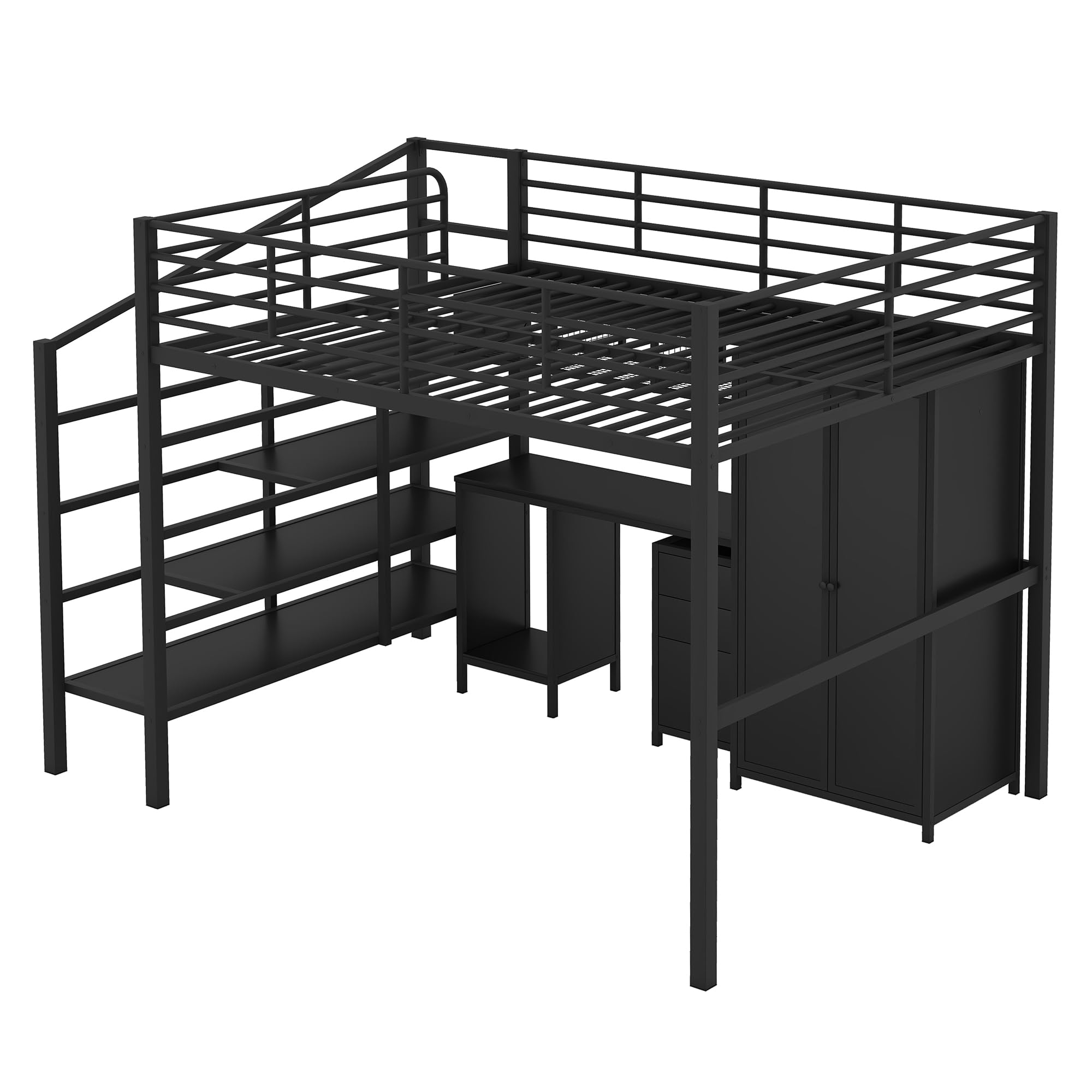 Full Size Loft Bed - Industrial Metal Full Loft Bed with Desk, Wardrobe & Cabinet